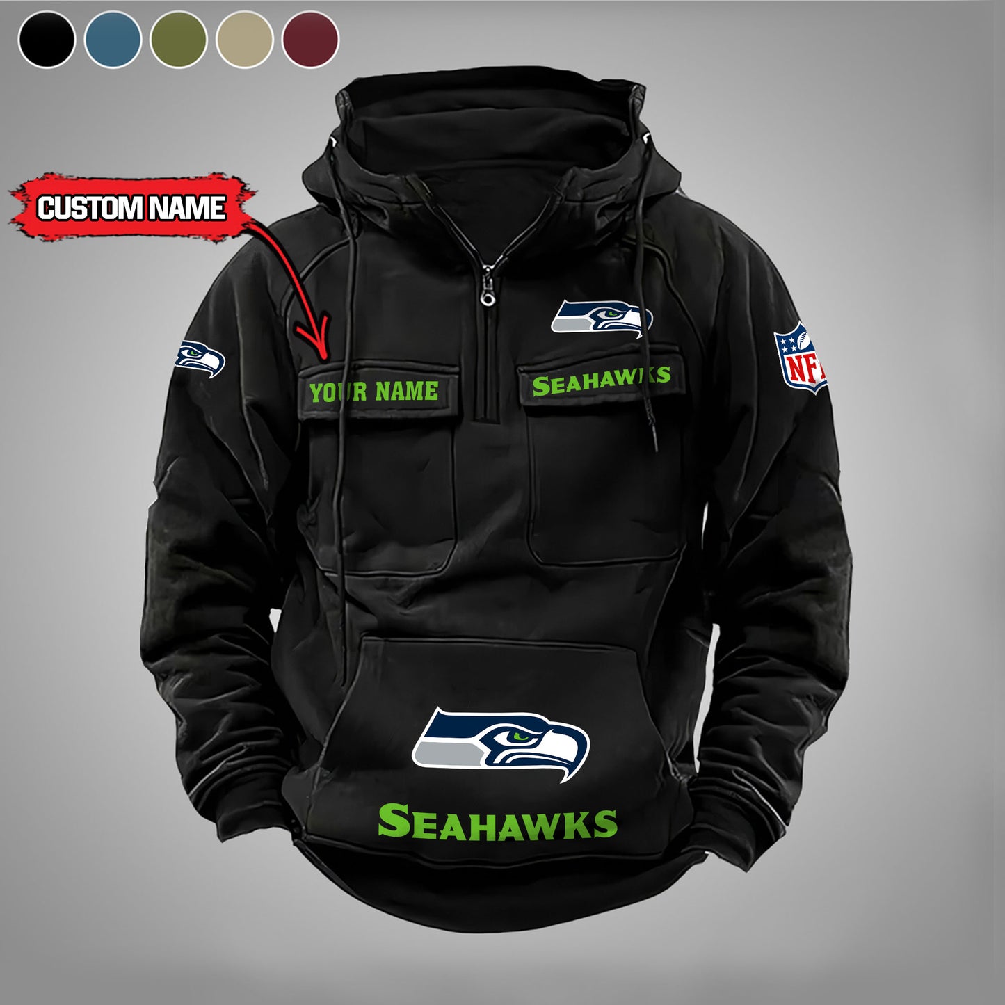 Seattle Seahawks  New Personalized Multi-Pockets Zip Hoodie AZBTMZHD000005
