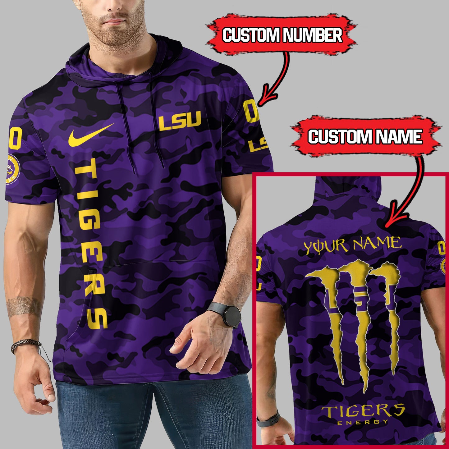LSU Tigers Personalized Camo Short Sleeve Hoodie AZBTSSHD000023