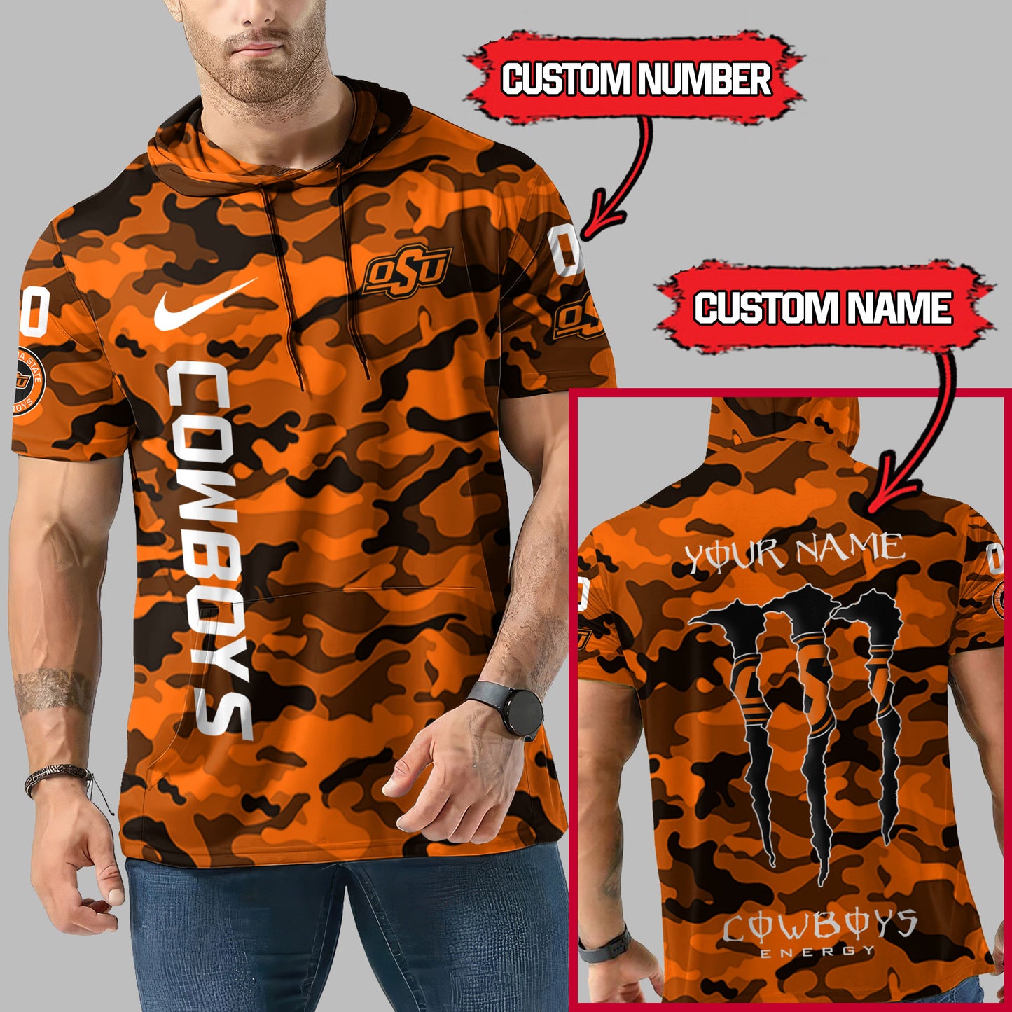 Oklahoma State Cowboys Personalized Camo Short Sleeve Hoodie AZBTSSHD000028