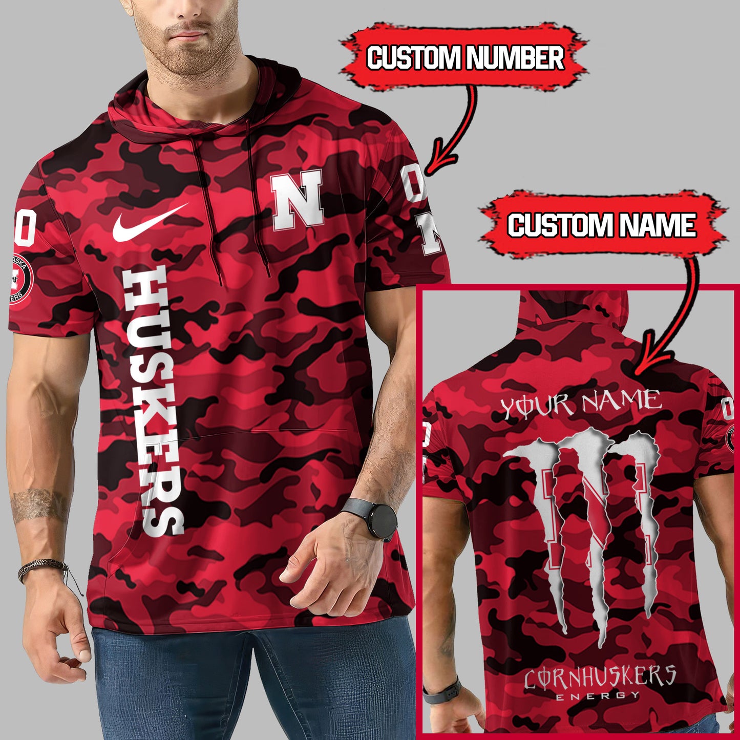 Nebraska Cornhuskers Personalized Camo Short Sleeve Hoodie AZBTSSHD000030