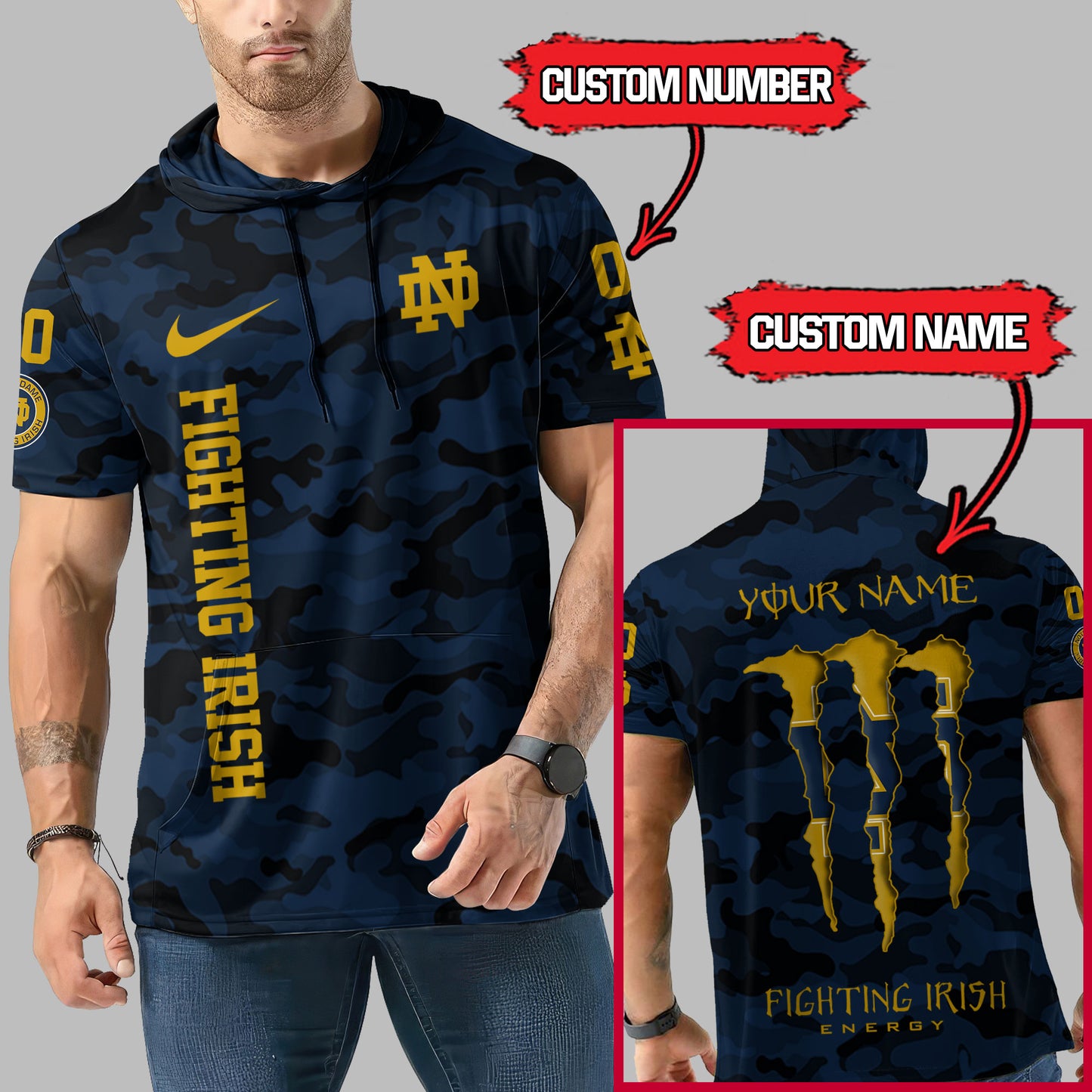 Notre Dame Fighting Irish Personalized Camo Short Sleeve Hoodie AZBTSSHD000034