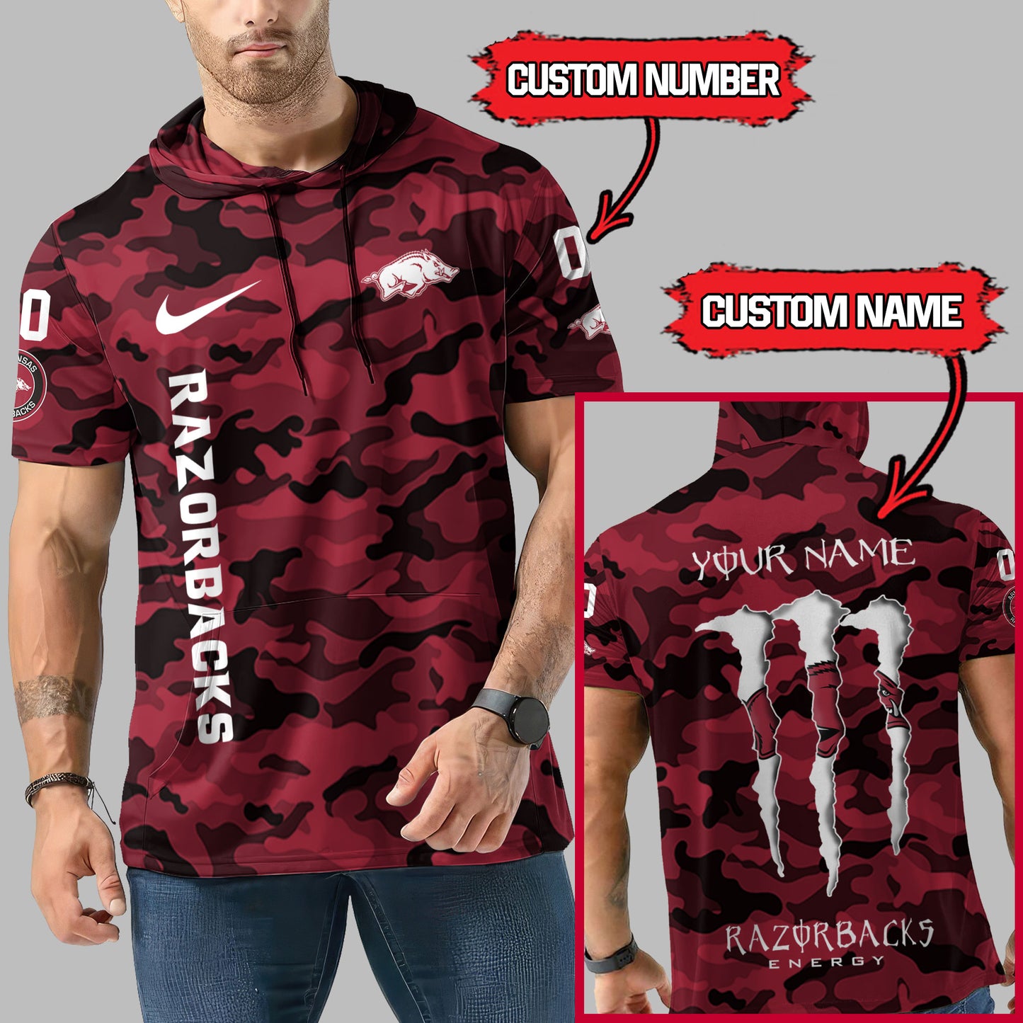 Arkansas Razorbacks Personalized Camo Short Sleeve Hoodie AZBTSSHD000011