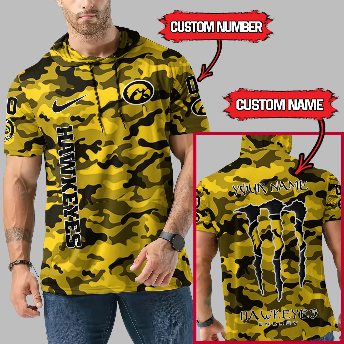 Iowa Hawkeyes Personalized Camo Short Sleeve Hoodie AZBTSSHD000013