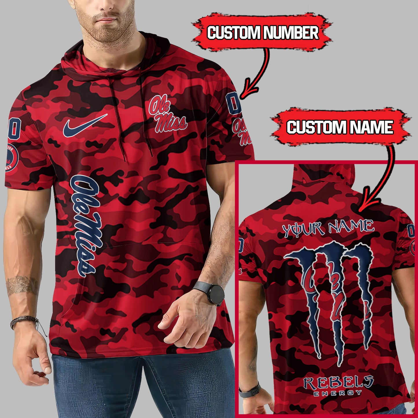Ole Miss Rebels Personalized Camo Short Sleeve Hoodie AZBTSSHD000001