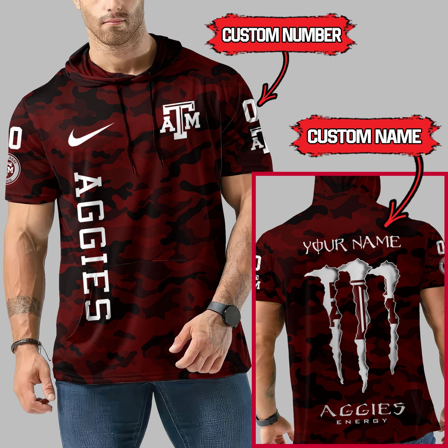 Texas A_M Aggies Personalized Camo Short Sleeve Hoodie AZBTSSHD000007