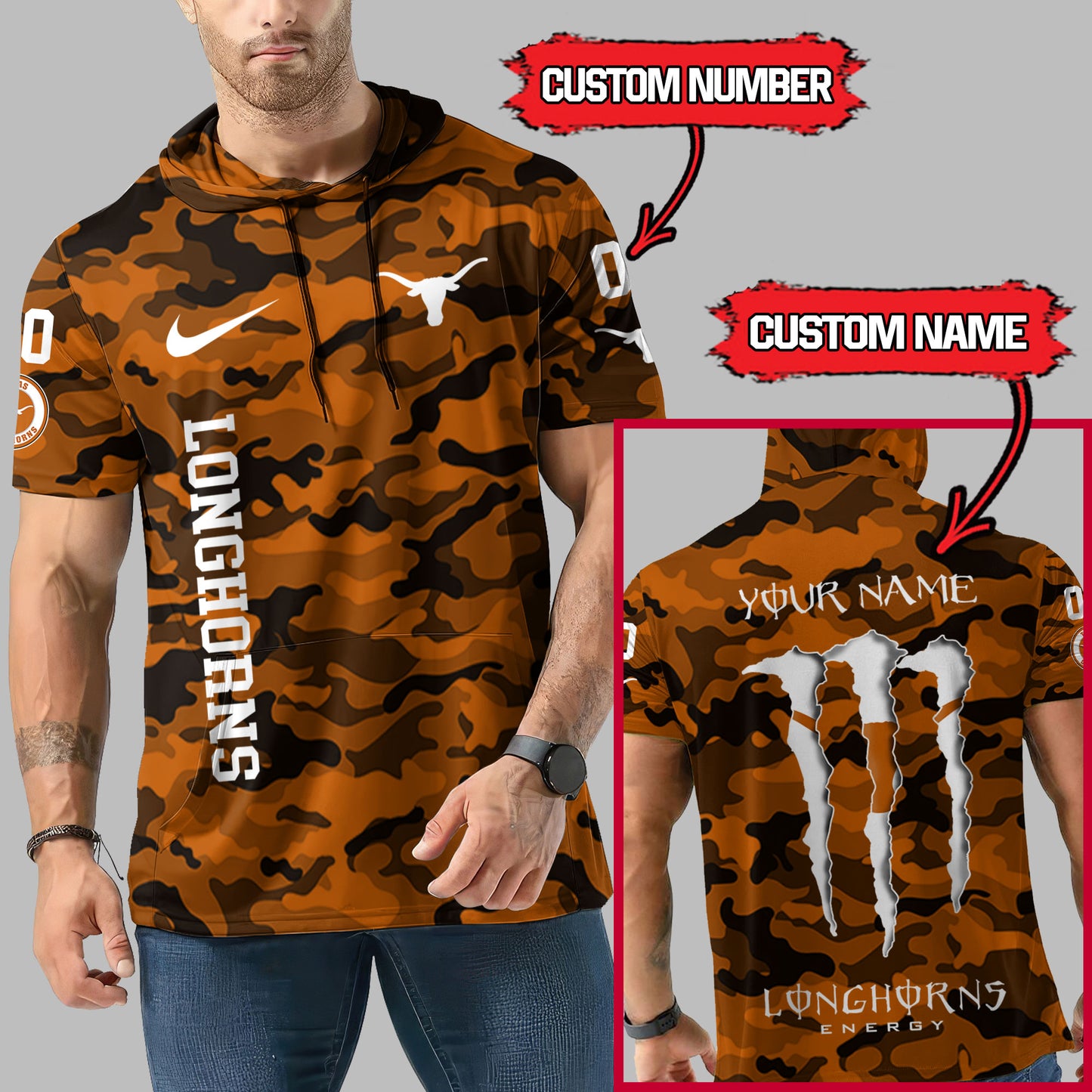 Texas Longhorns Personalized Camo Short Sleeve Hoodie AZBTSSHD000008