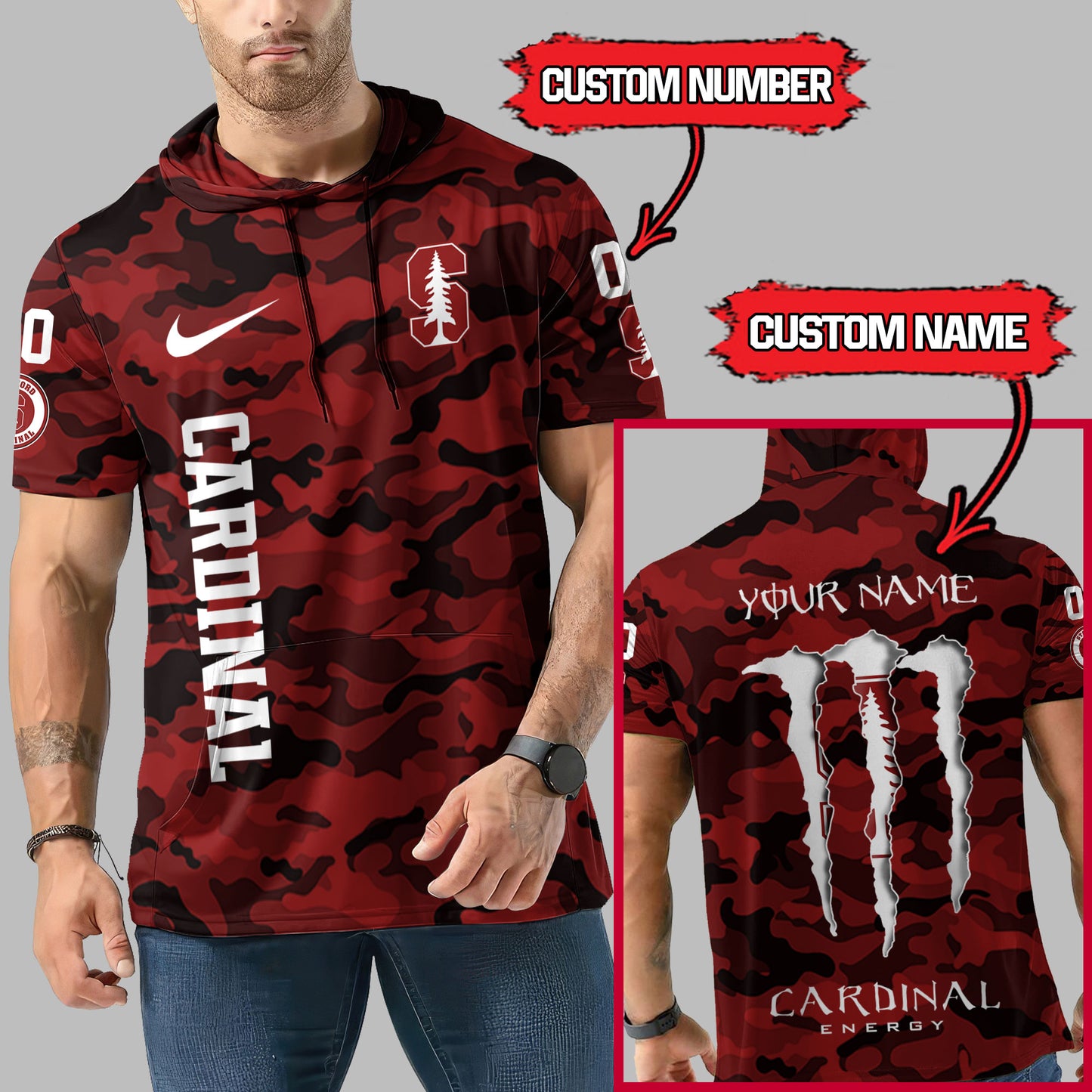 Stanford Cardinal Personalized Camo Short Sleeve Hoodie AZBTSSHD000014