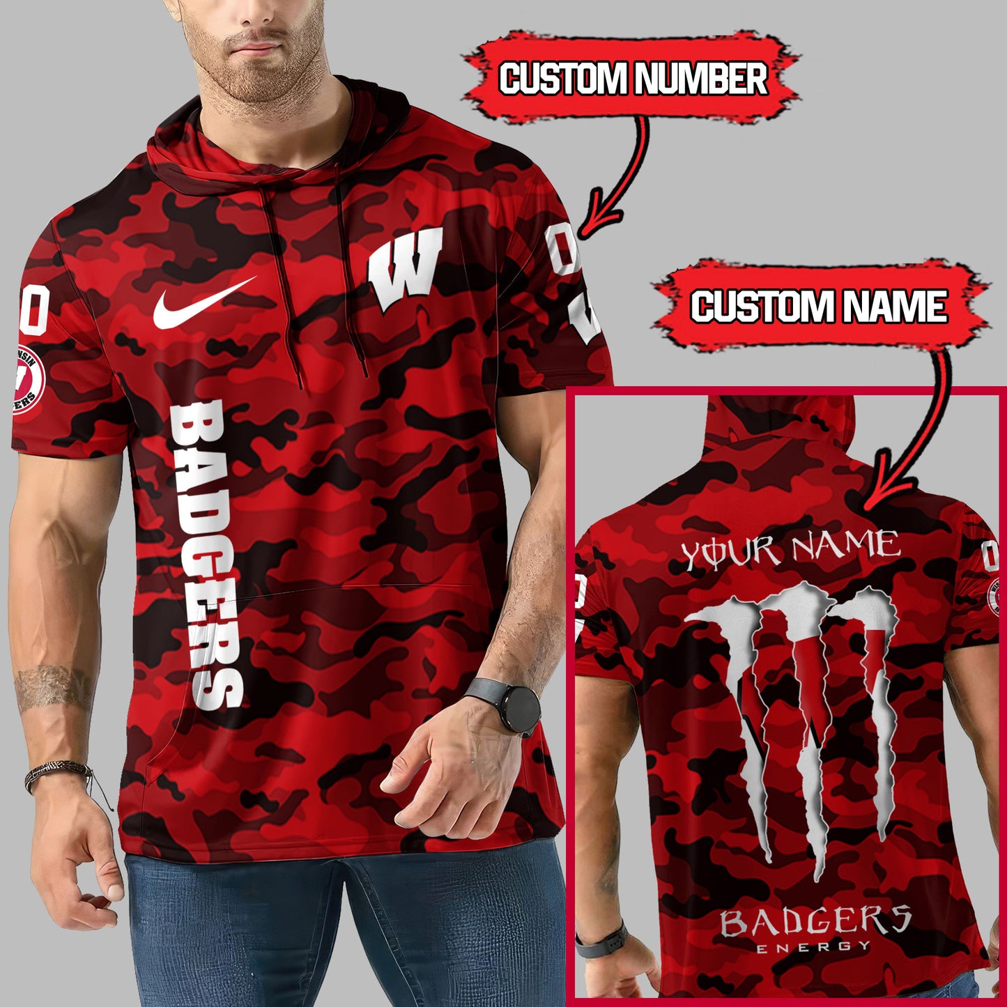 Wisconsin Badgers Personalized Camo Short Sleeve Hoodie AZBTSSHD000016