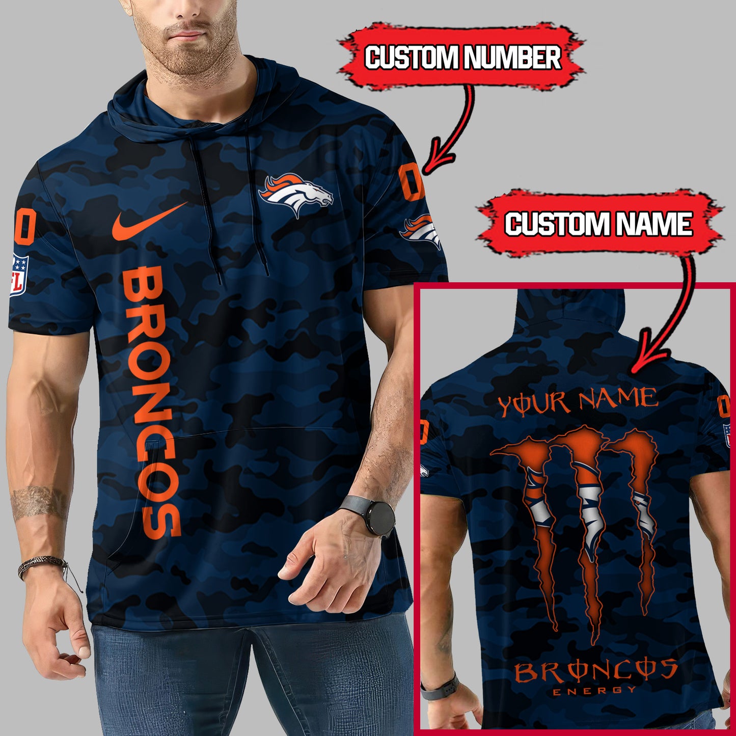 Denver Broncos Personalized Camo Short Sleeve Hoodie AZBTSSHD000060
