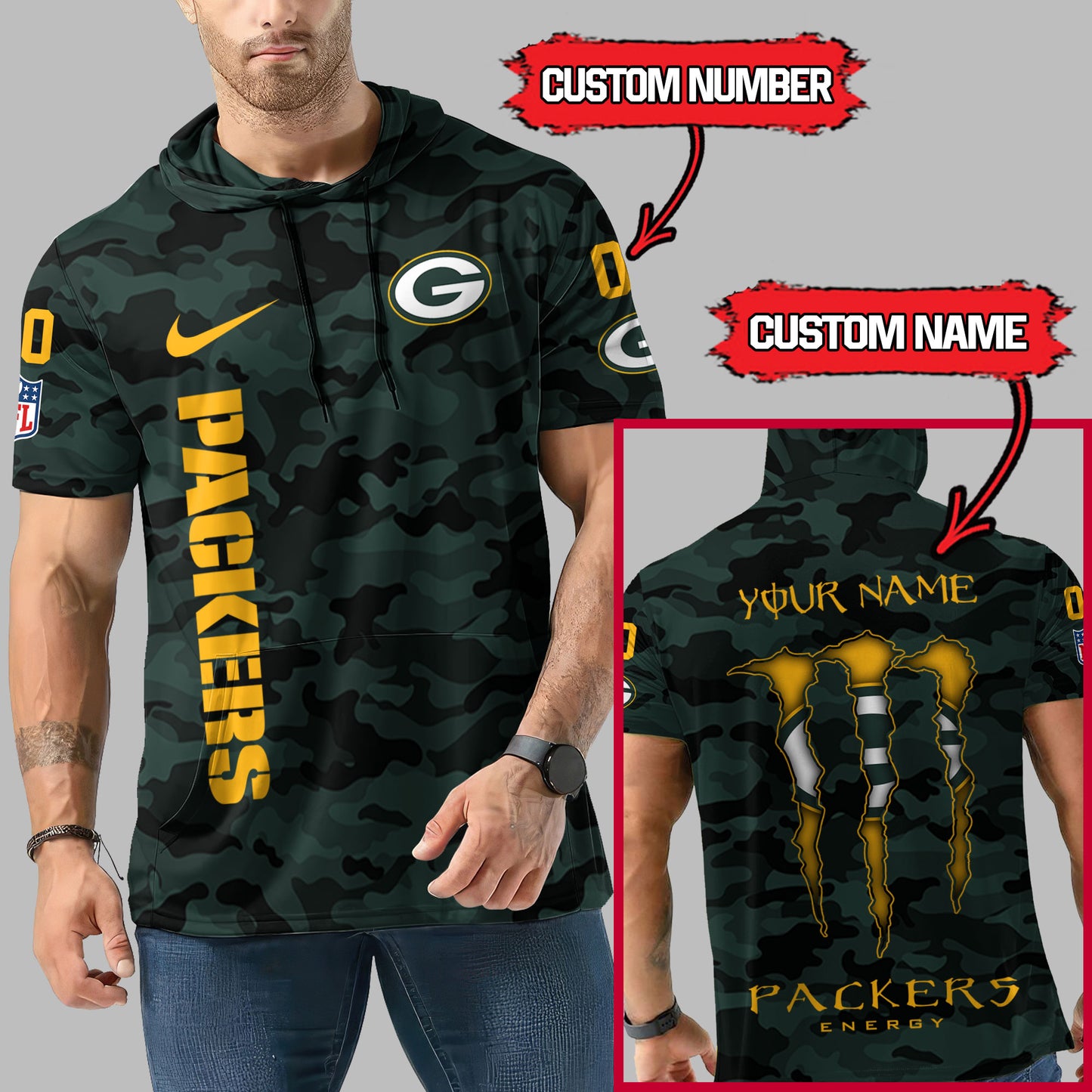 Green Bay Packers Personalized Camo Short Sleeve Hoodie AZBTSSHD000062