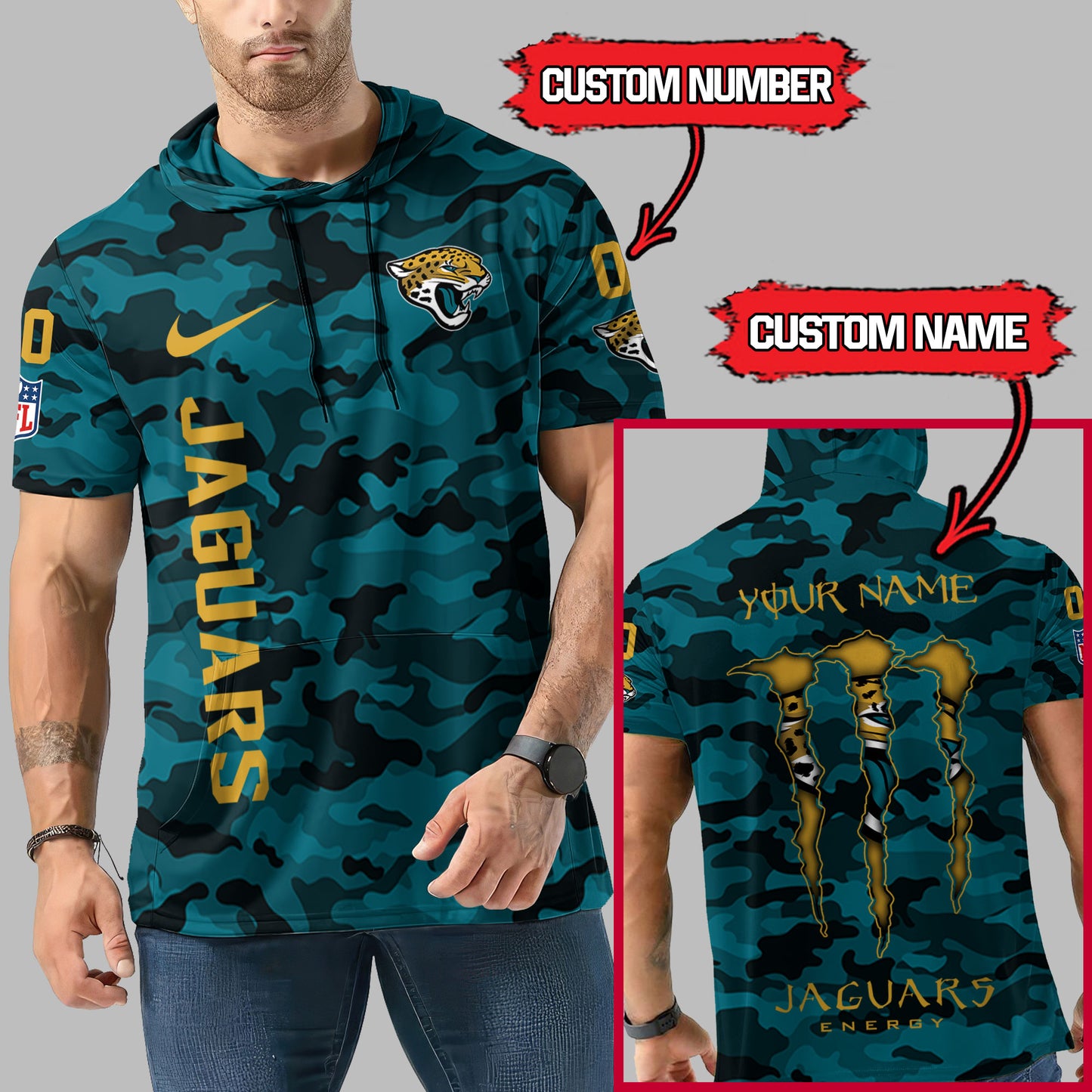 Jacksonville Jaguars Personalized Camo Short Sleeve Hoodie AZBTSSHD000049