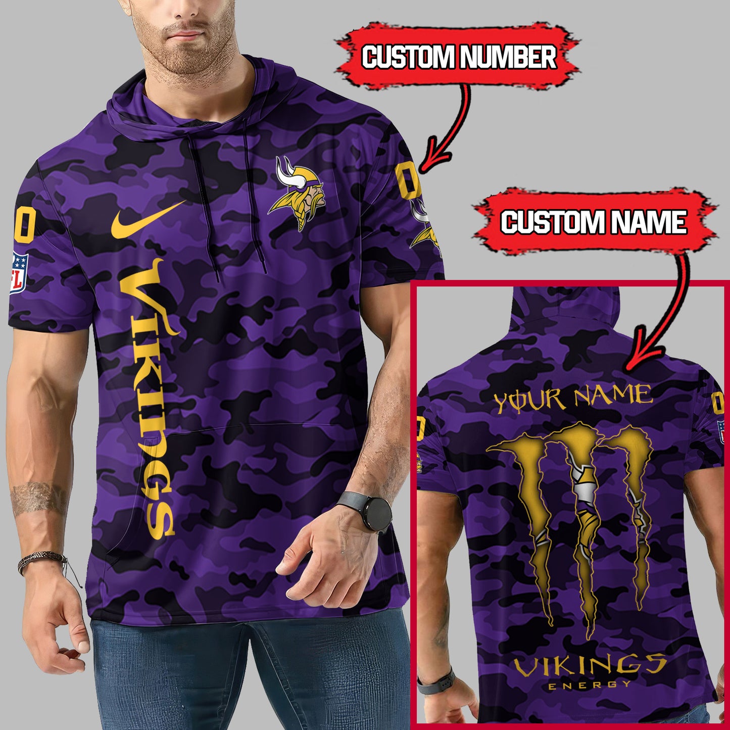 Minnesota Vikings Personalized Camo Short Sleeve Hoodie AZBTSSHD000052