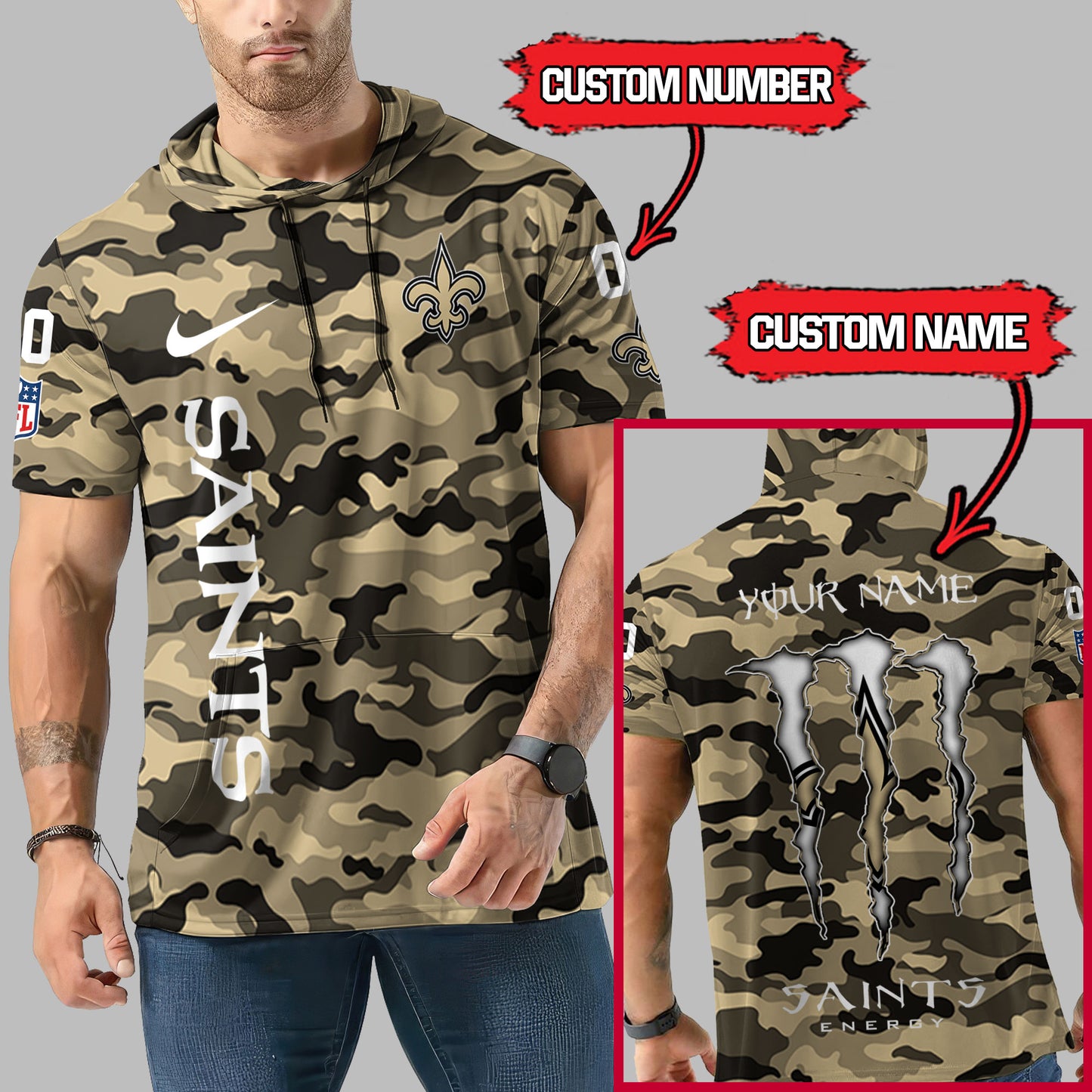 New Orleans Saints Personalized Camo Short Sleeve Hoodie AZBTSSHD000054