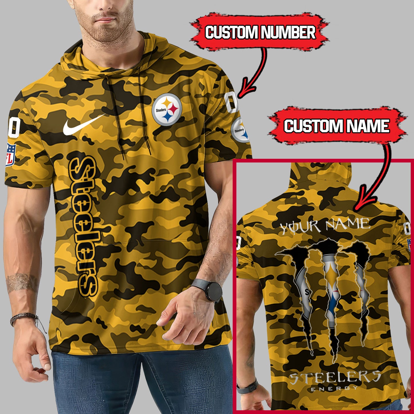 Pittsburgh Steelers Personalized Camo Short Sleeve Hoodie AZBTSSHD000047