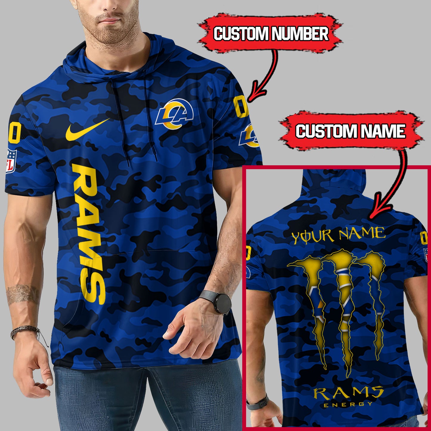 Los Angeles Rams Personalized Camo Short Sleeve Hoodie AZBTSSHD000048
