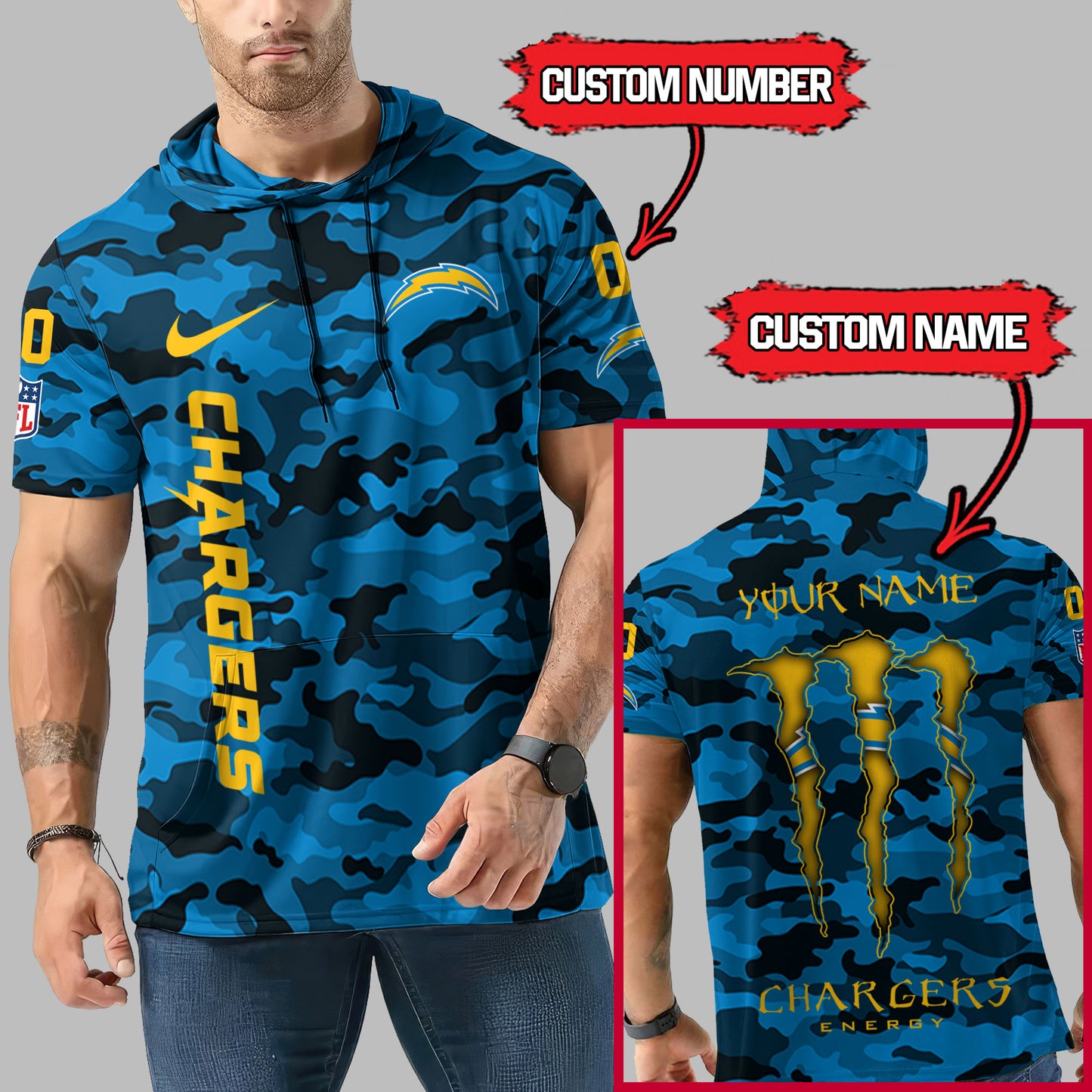 Los Angeles Chargers Personalized Camo Short Sleeve Hoodie AZBTSSHD000038