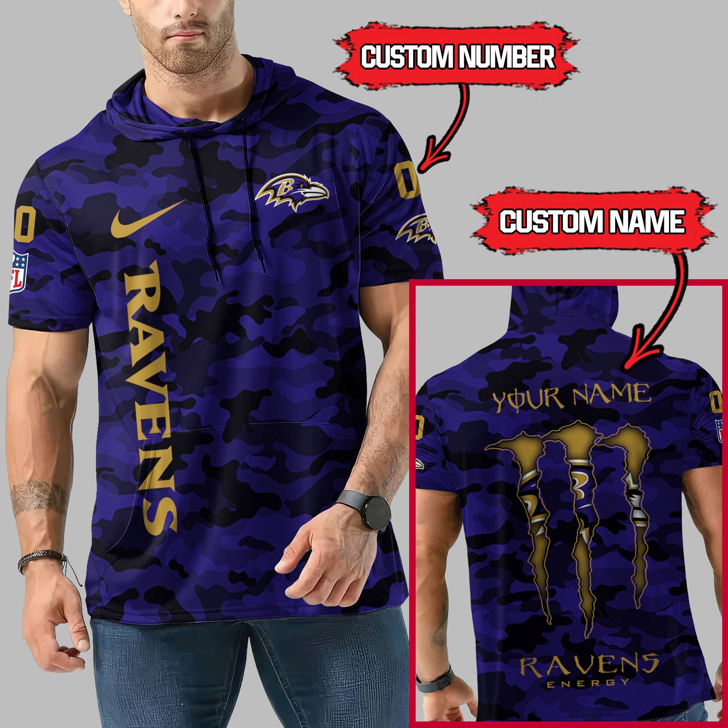 Baltimore Ravens Personalized Camo Short Sleeve Hoodie AZBTSSHD000067