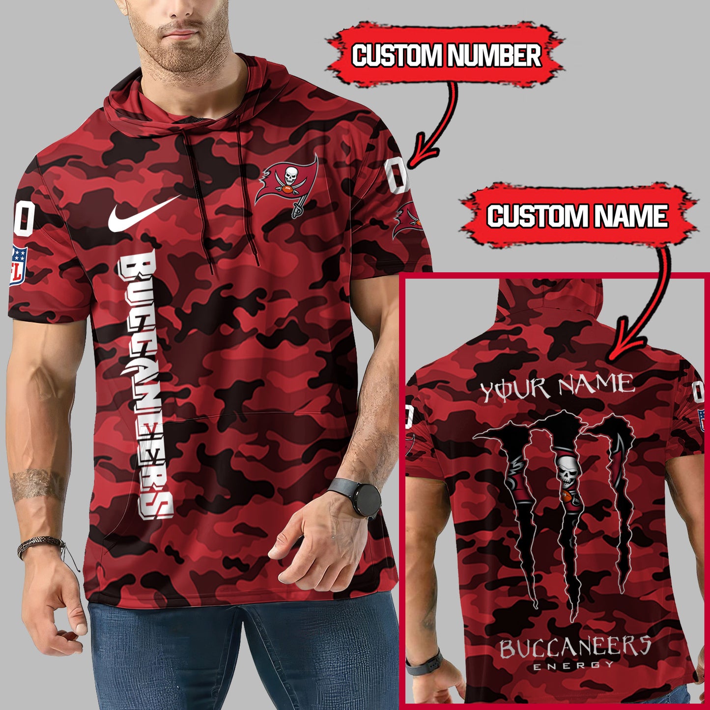 Tampa Bay Buccaneers Personalized Camo Short Sleeve Hoodie AZBTSSHD000041