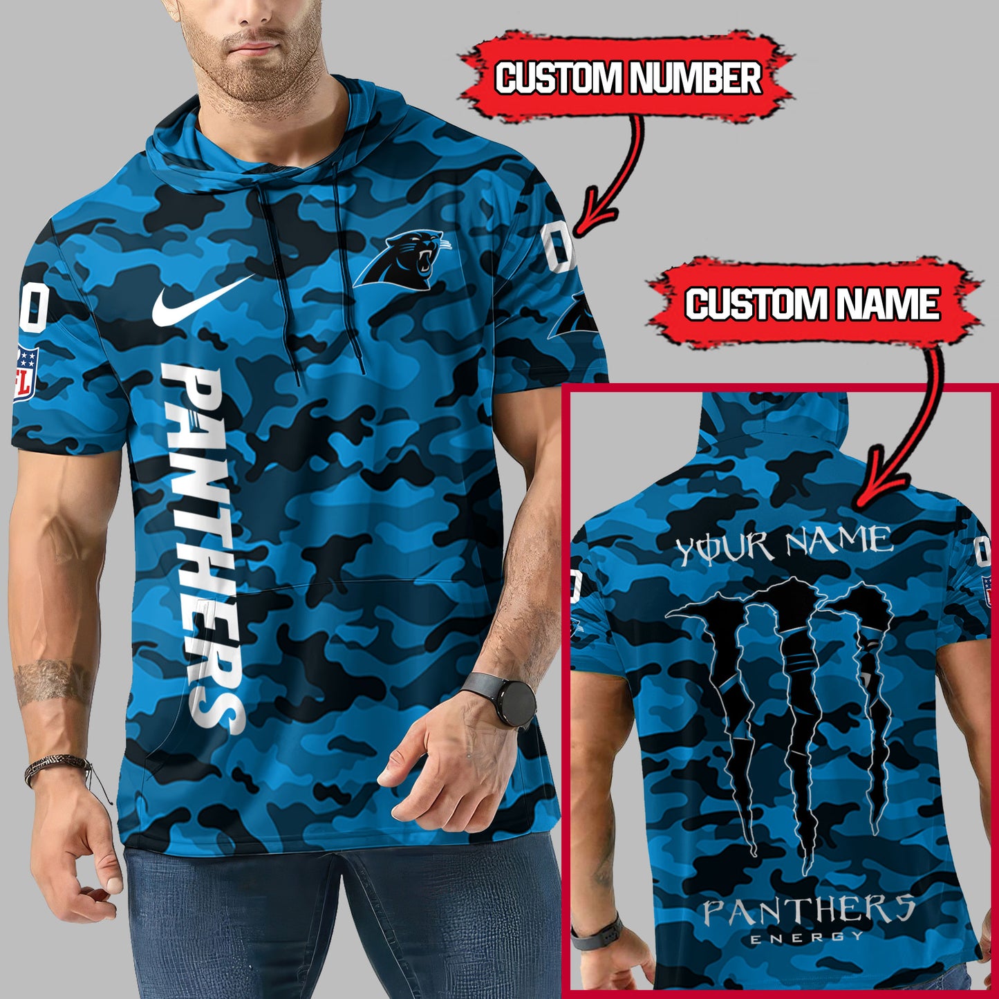 Carolina Panthers Personalized Camo Short Sleeve Hoodie AZBTSSHD000069
