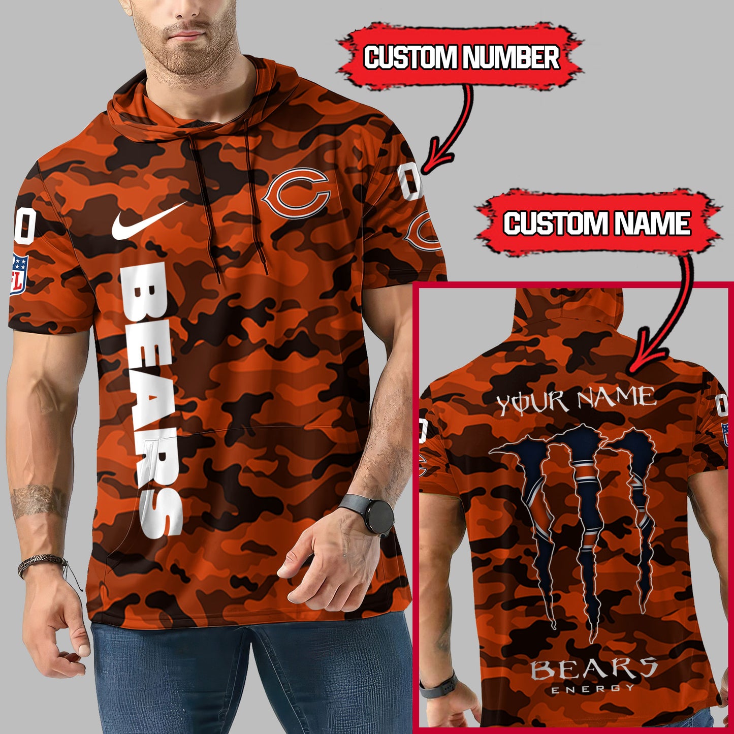 Chicago Bears Personalized Camo Short Sleeve Hoodie AZBTSSHD000056