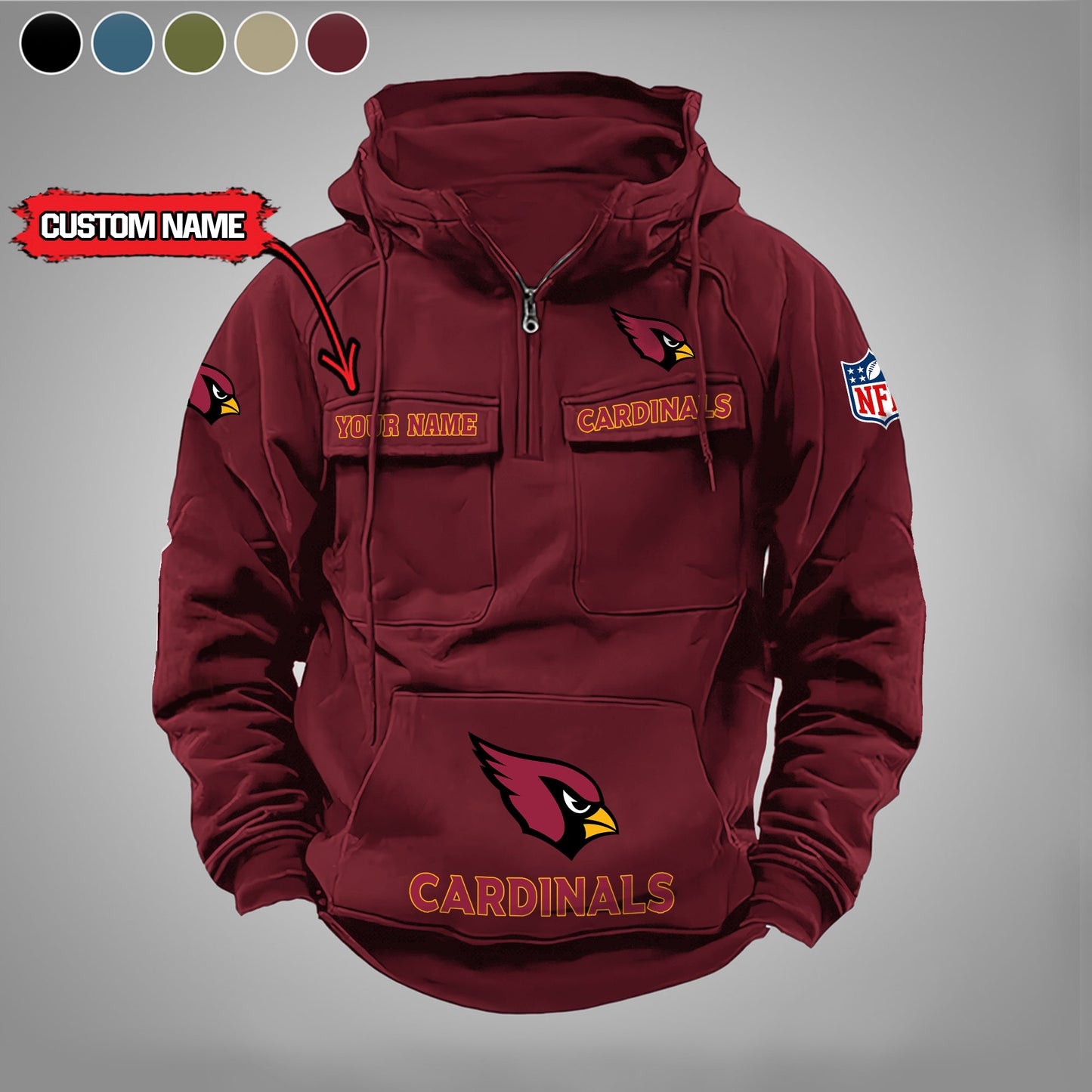 Arizona Cardinals  New Personalized Multi-Pockets Zip Hoodie AZBTMZHD000028