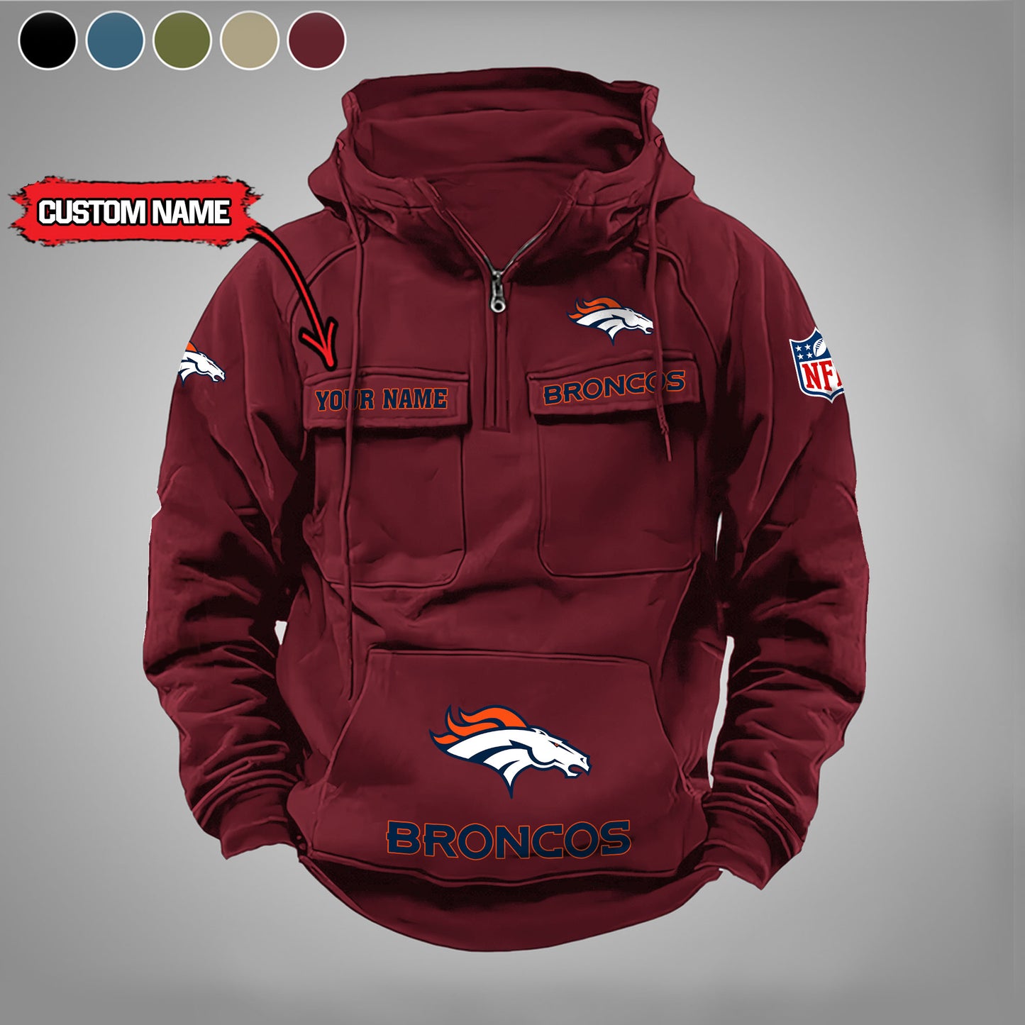Denver Broncos  New Personalized Multi-Pockets Zip Hoodie AZBTMZHD000019