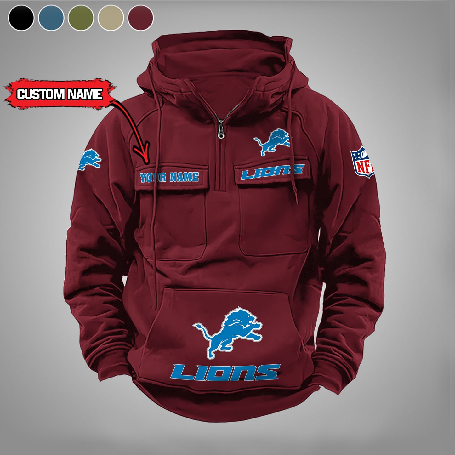 Detroit Lions  New Personalized Multi-Pockets Zip Hoodie AZBTMZHD000020