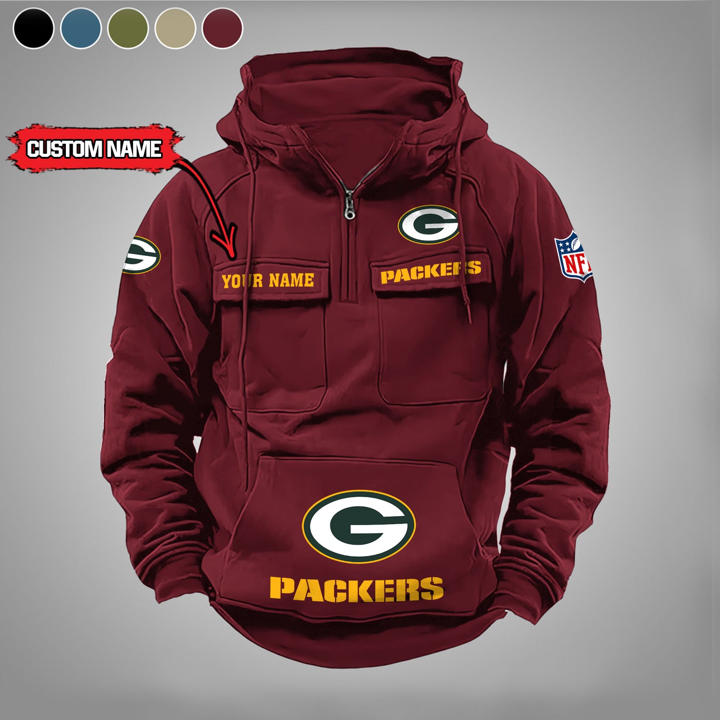 Green Bay Packers New Personalized Multi-Pockets Zip Hoodie AZBTMZHD000021