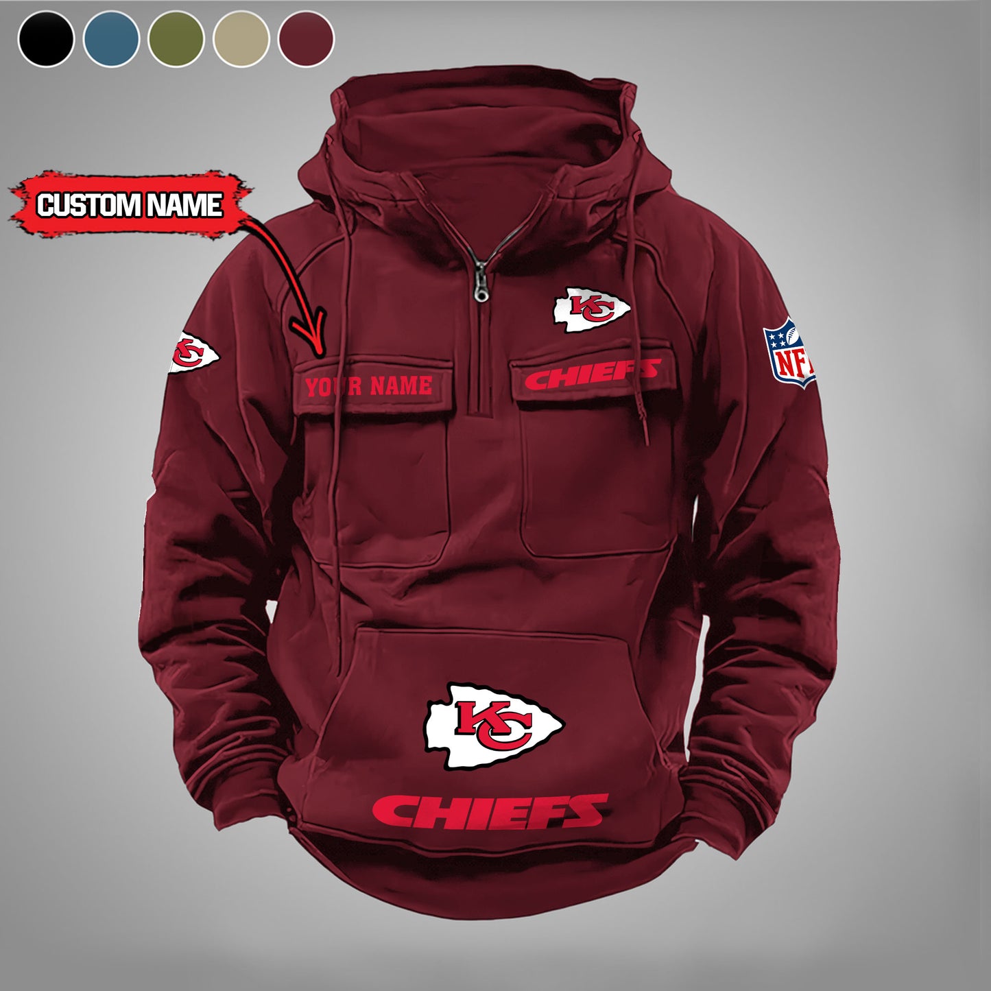 Kansas City Chiefs New Personalized Multi-Pockets Zip Hoodie AZBTMZHD000009