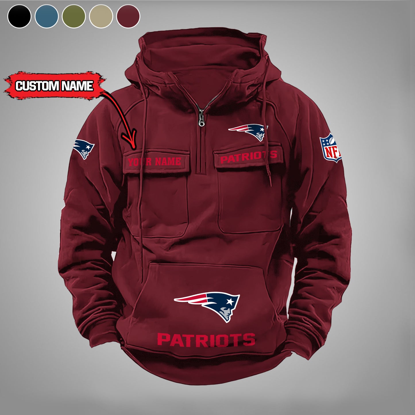 New England Patriots New Personalized Multi-Pockets Zip Hoodie AZBTMZHD000012
