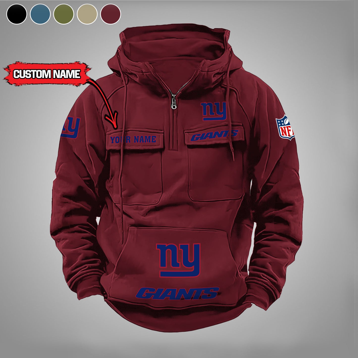 New York Giants New Personalized Multi-Pockets Zip Hoodie AZBTMZHD000030