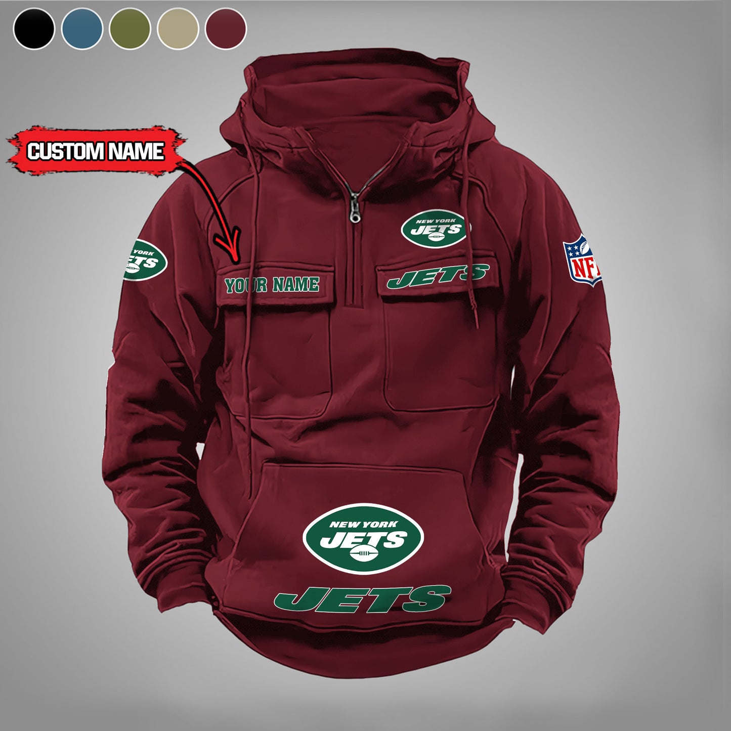 New York Jets New Personalized Multi-Pockets Zip Hoodie AZBTMZHD000031