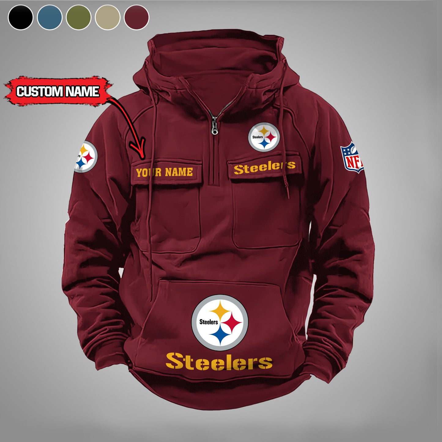 Pittsburgh Steelers  New Personalized Multi-Pockets Zip Hoodie AZBTMZHD000001