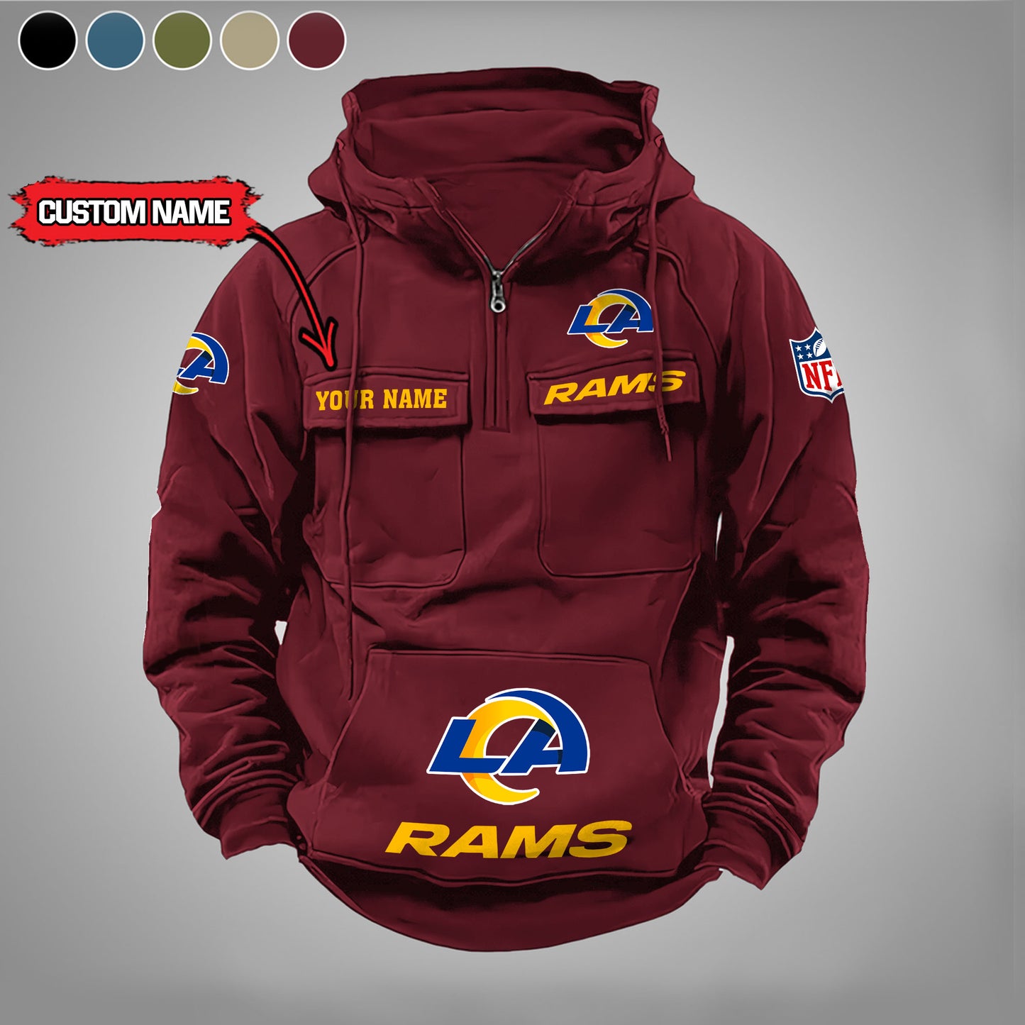 Los Angeles Rams New Personalized Multi-Pockets Zip Hoodie AZBTMZHD000002
