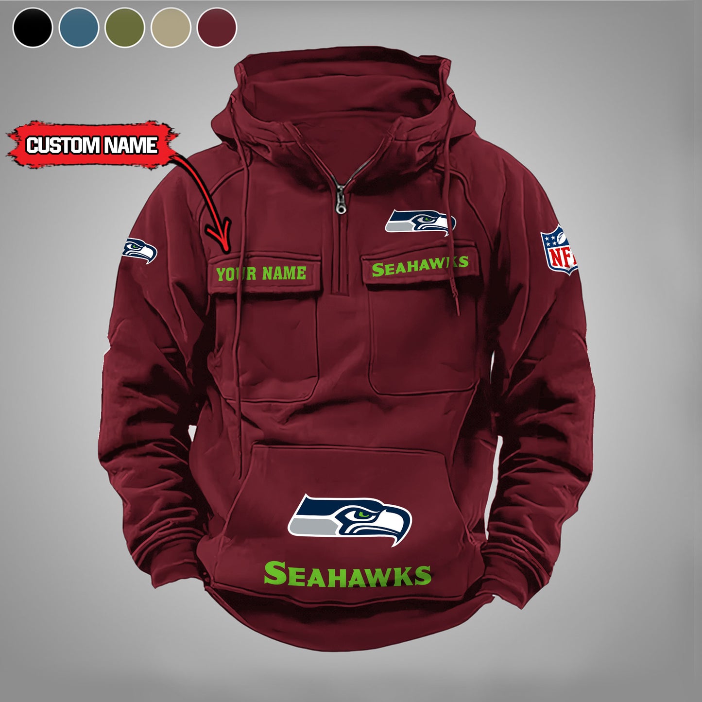 Seattle Seahawks  New Personalized Multi-Pockets Zip Hoodie AZBTMZHD000005