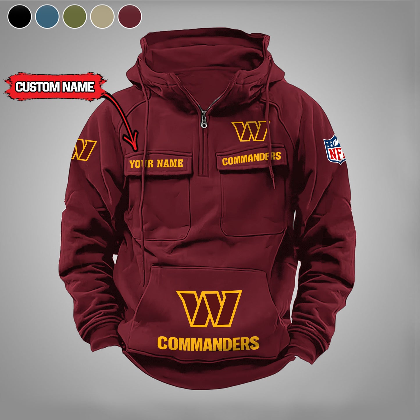 Washington Commanders  New Personalized Multi-Pockets Zip Hoodie AZBTMZHD000008