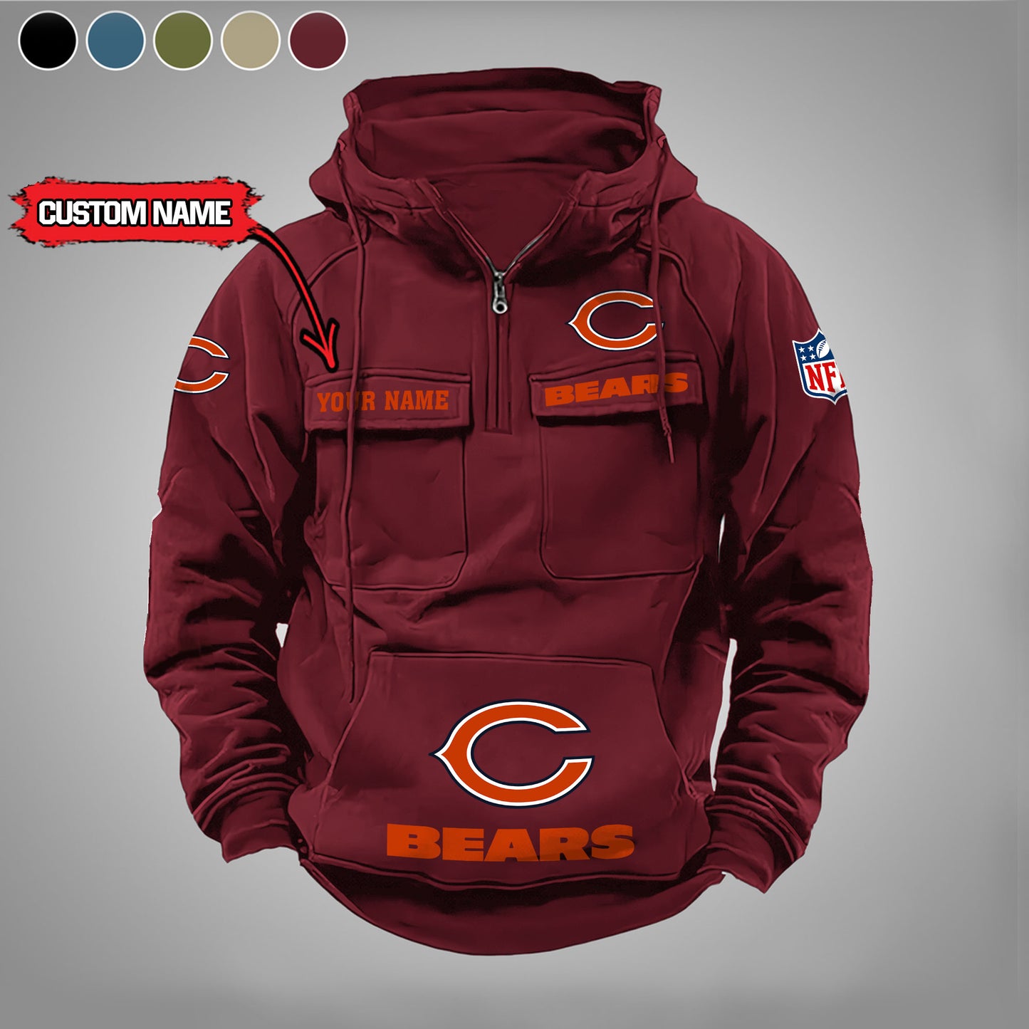 Chicago Bears  New Personalized Multi-Pockets Zip Hoodie AZBTMZHD000015