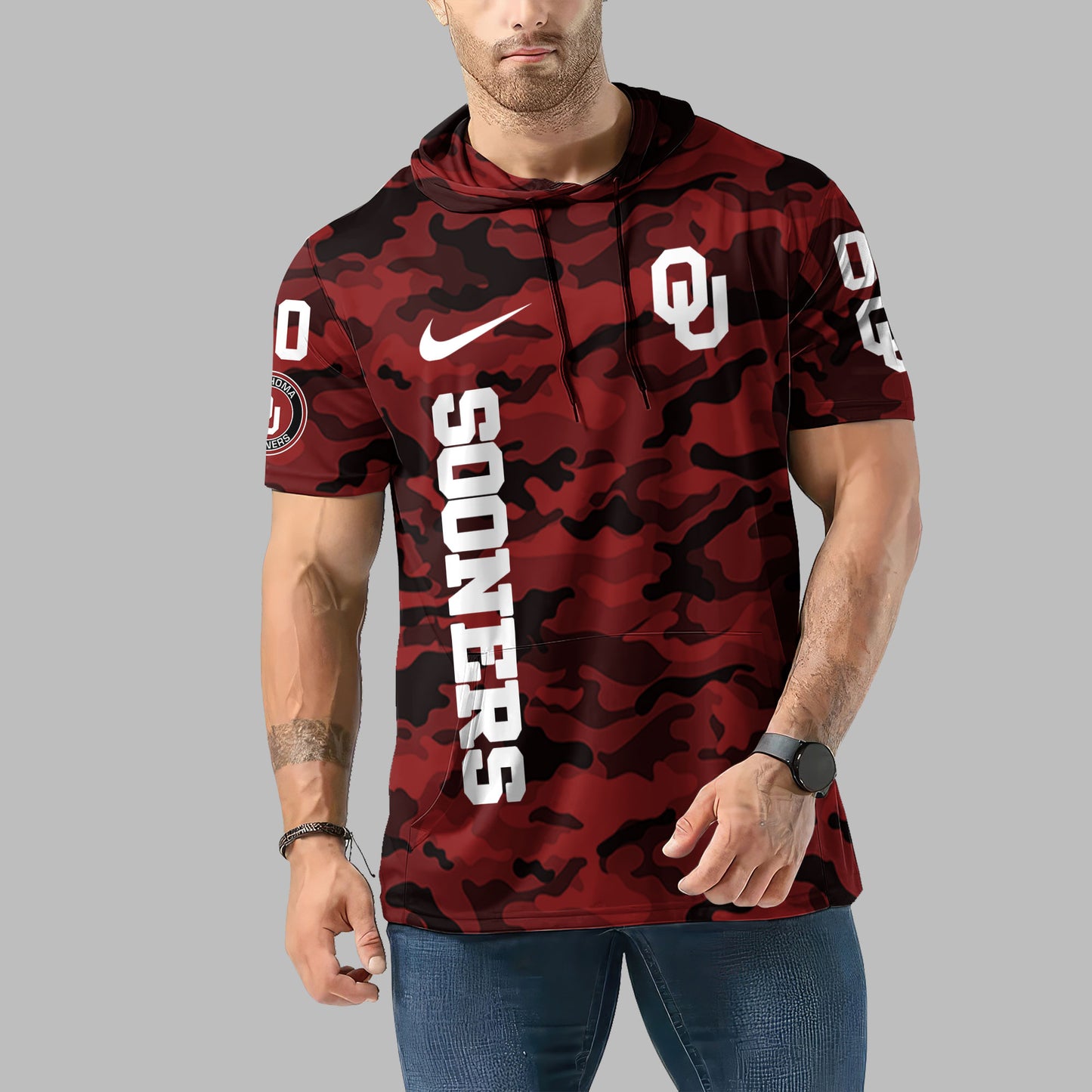 Oklahoma Sooners Personalized Camo Short Sleeve Hoodie AZBTSSHD000020