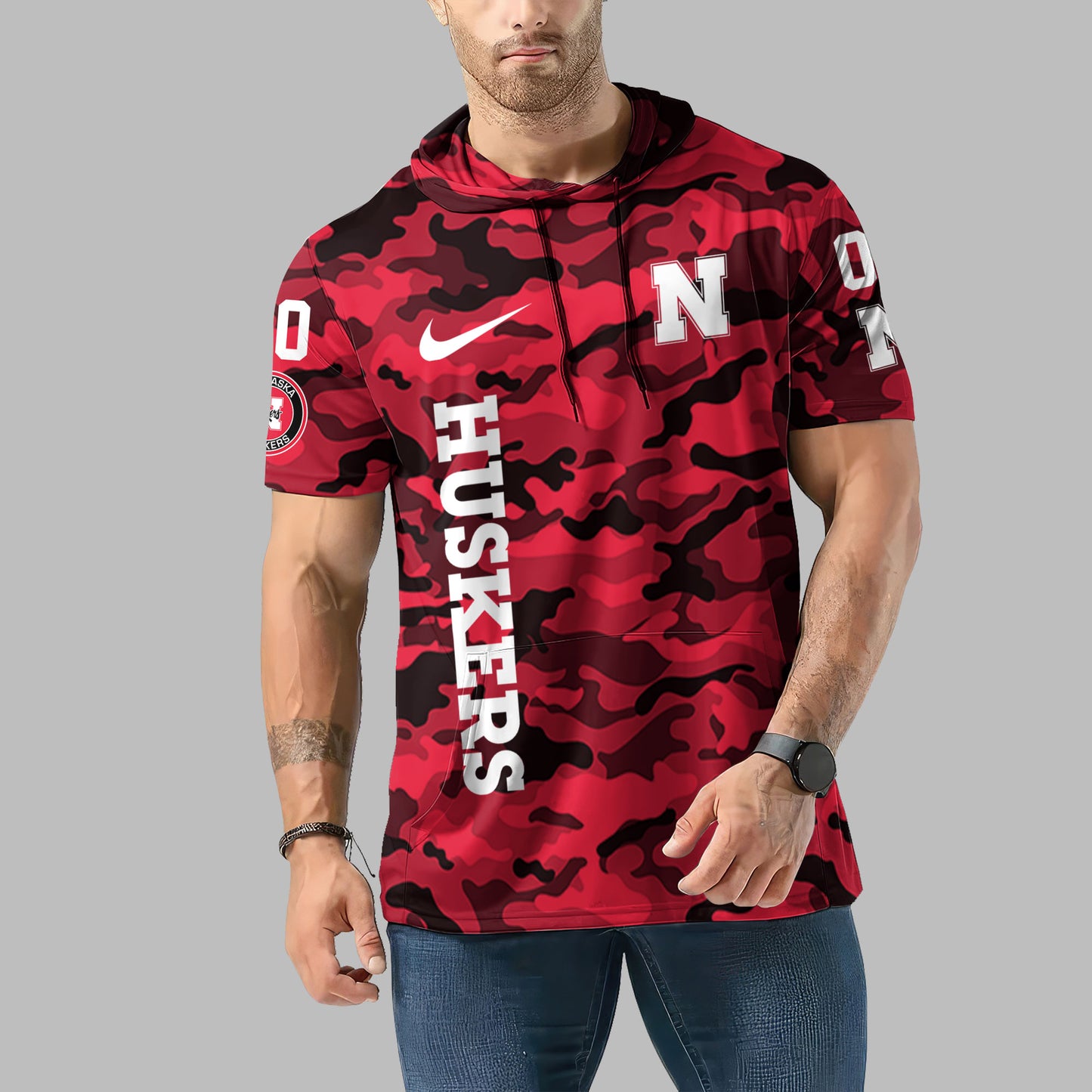 Nebraska Cornhuskers Personalized Camo Short Sleeve Hoodie AZBTSSHD000030