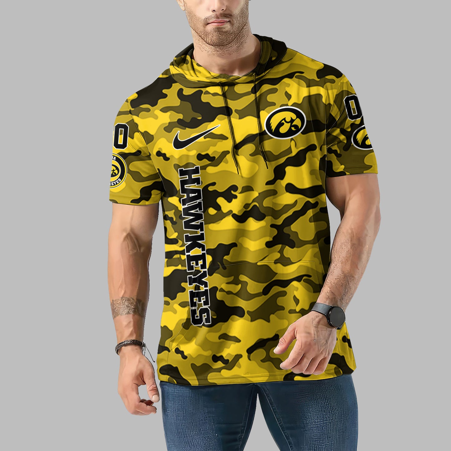 Iowa Hawkeyes Personalized Camo Short Sleeve Hoodie AZBTSSHD000013