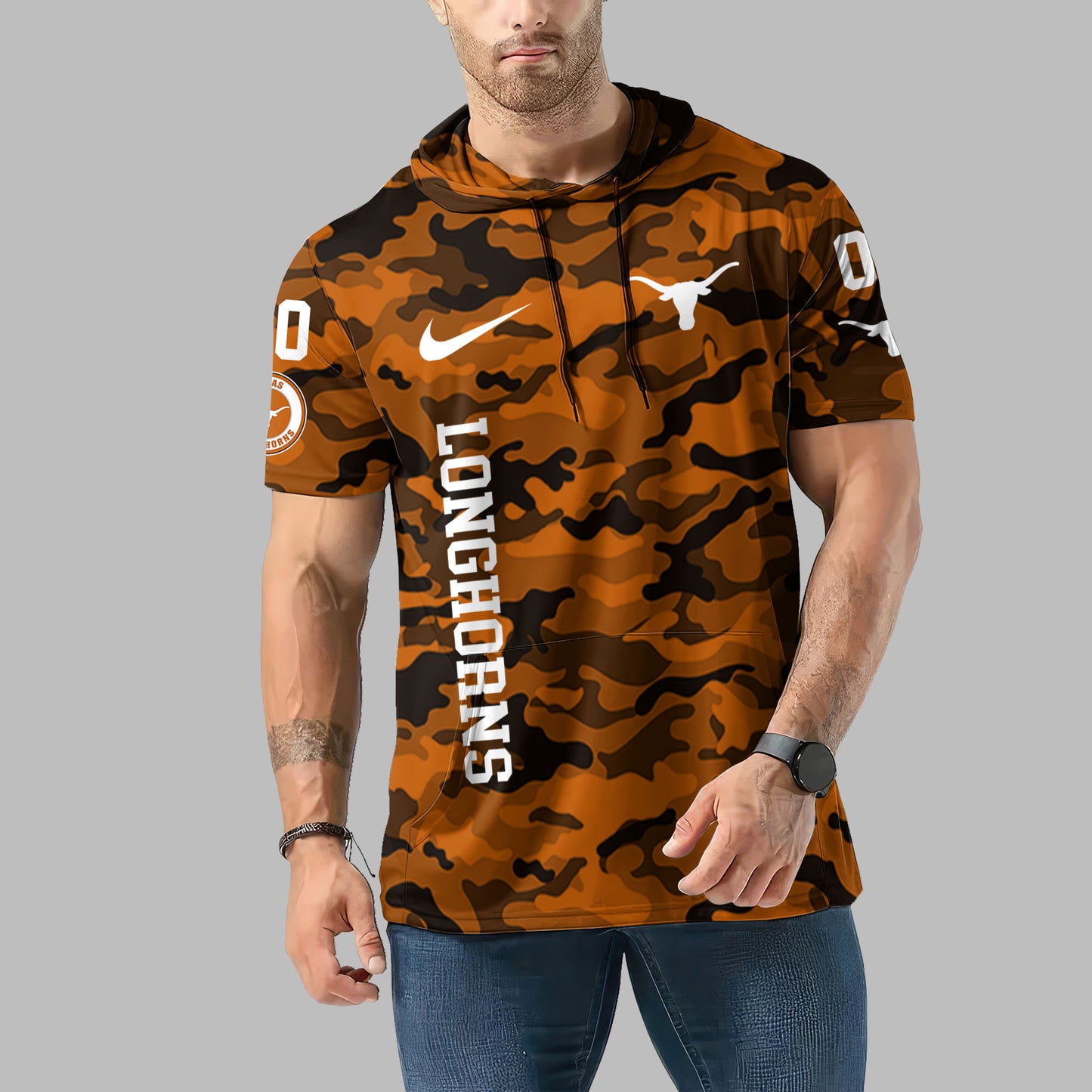 Texas Longhorns Personalized Camo Short Sleeve Hoodie AZBTSSHD000008
