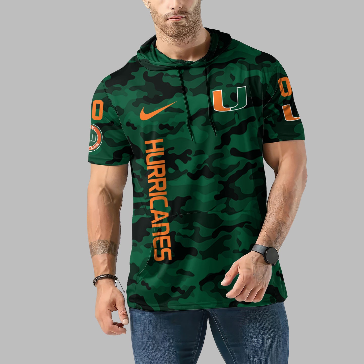 Miami Hurricanes Personalized Camo Short Sleeve Hoodie AZBTSSHD000015