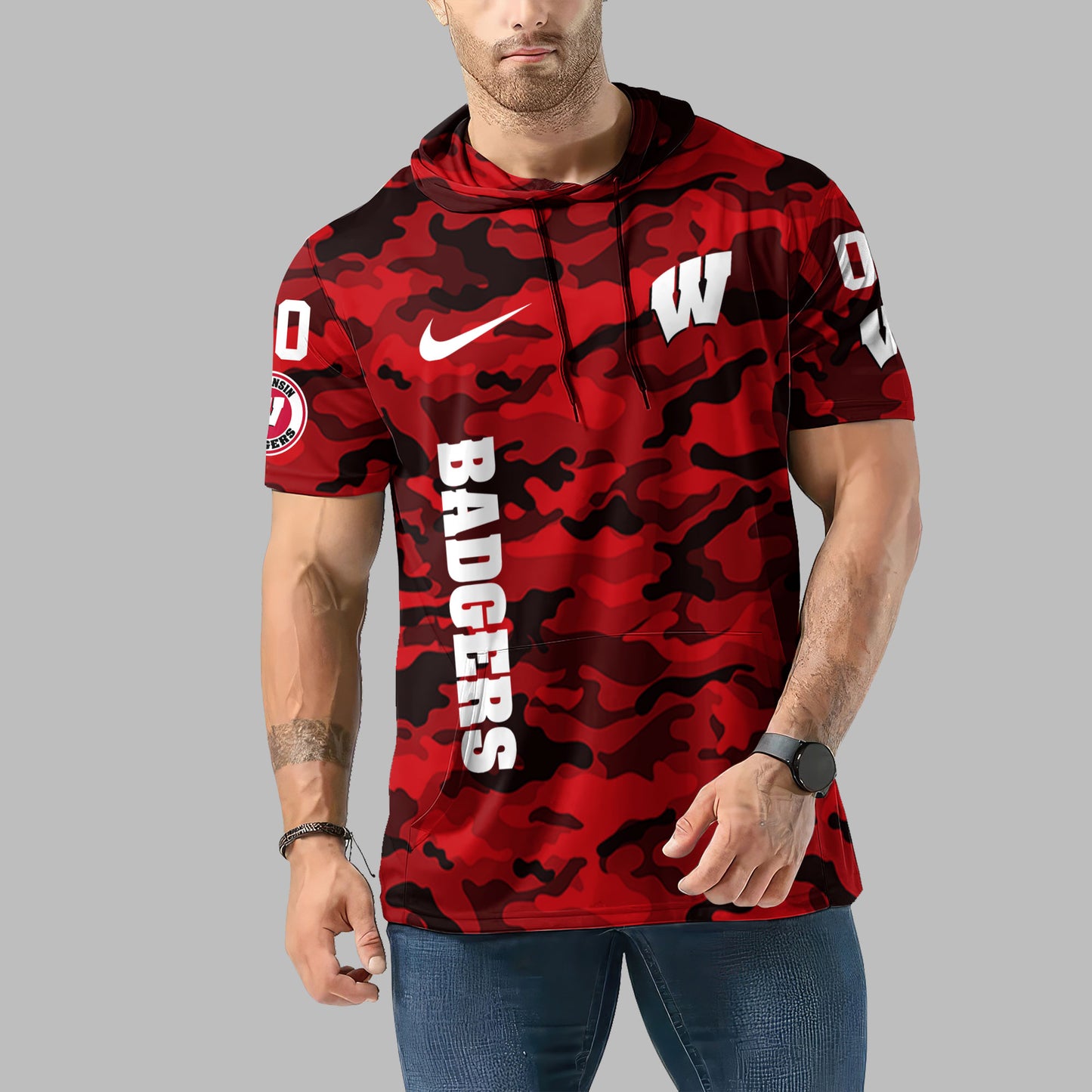 Wisconsin Badgers Personalized Camo Short Sleeve Hoodie AZBTSSHD000016