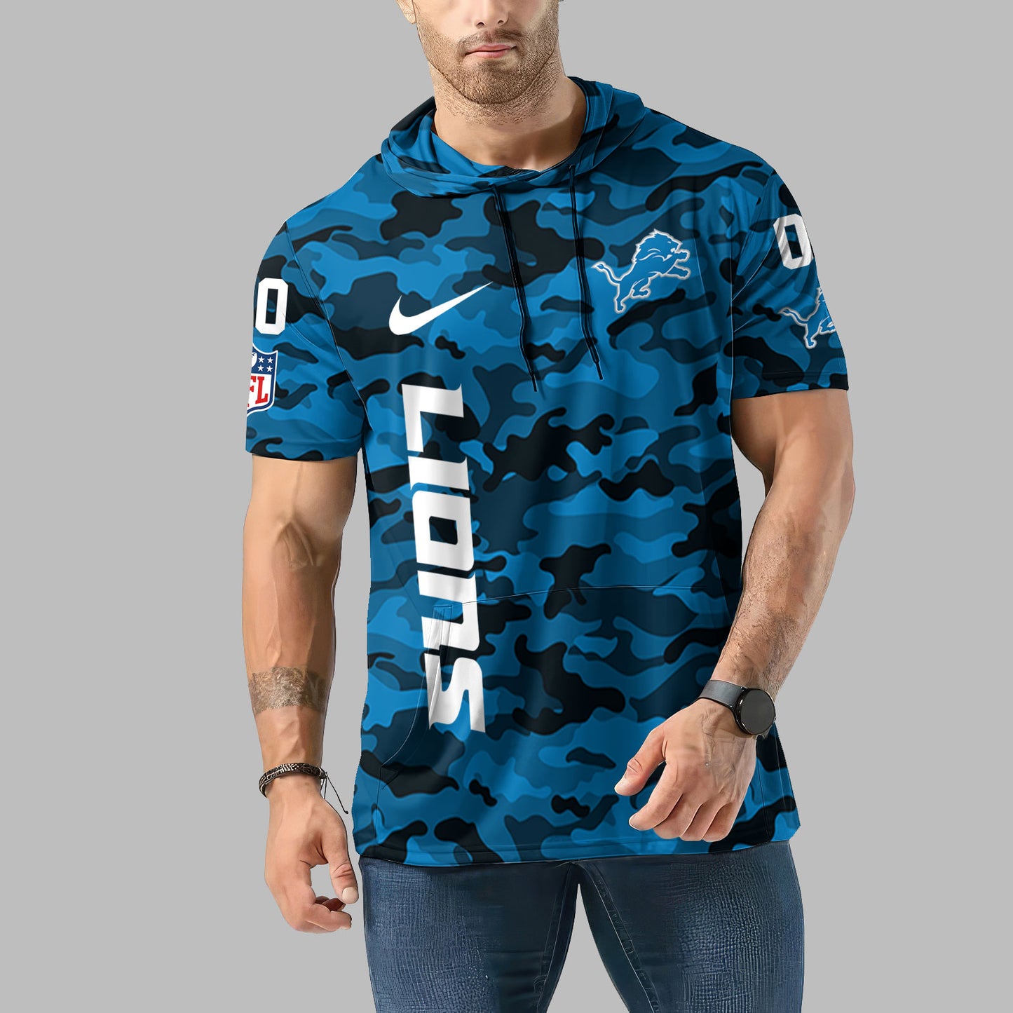 Detroit Lions Personalized Camo Short Sleeve Hoodie AZBTSSHD000061