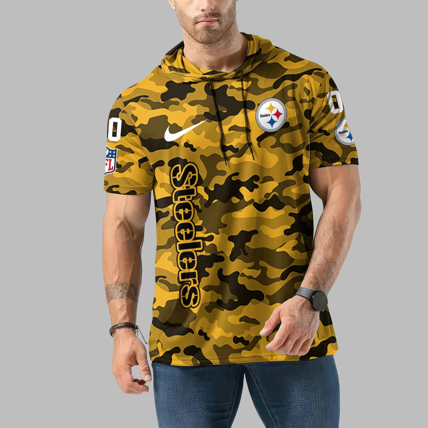 Pittsburgh Steelers Personalized Camo Short Sleeve Hoodie AZBTSSHD000047