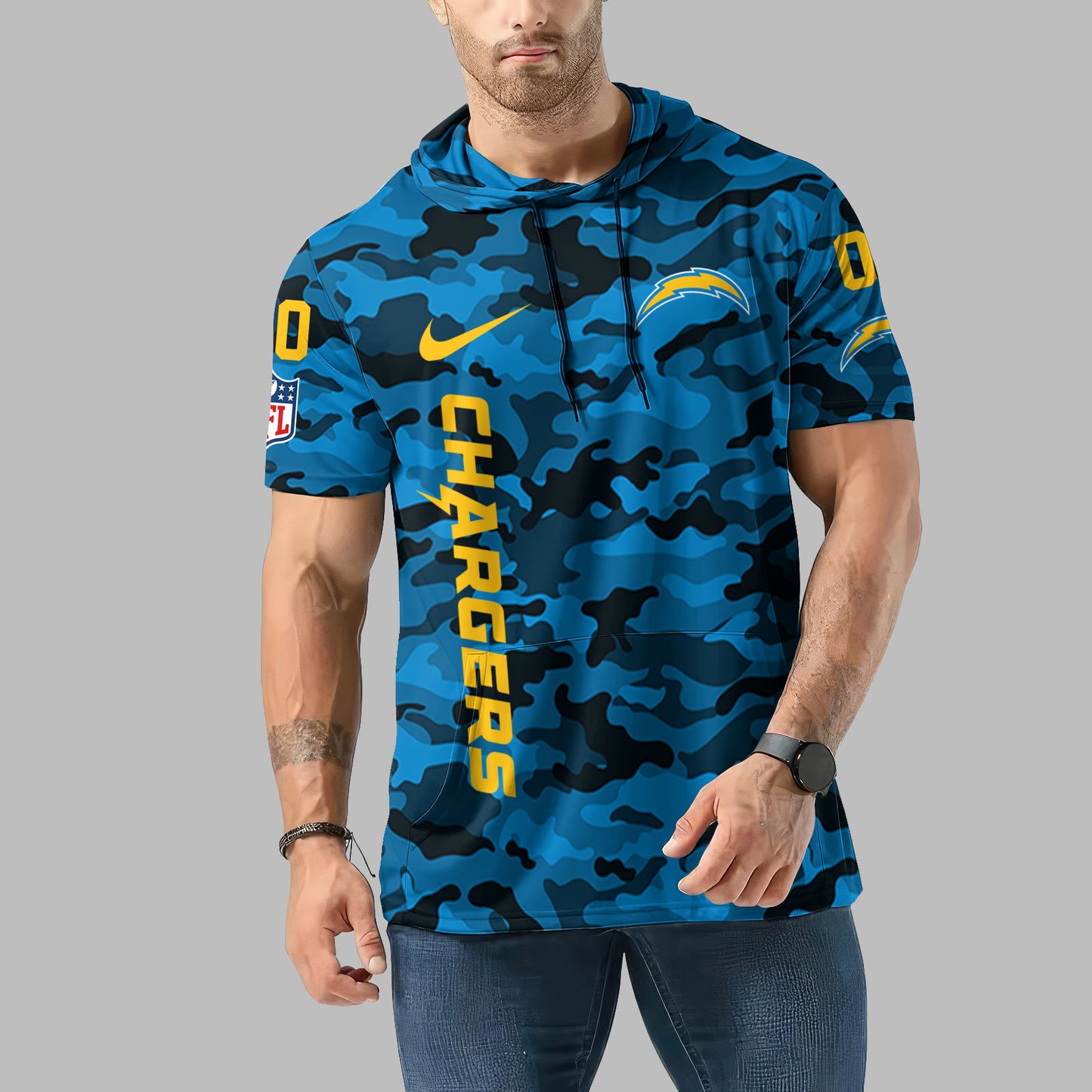 Los Angeles Chargers Personalized Camo Short Sleeve Hoodie AZBTSSHD000038
