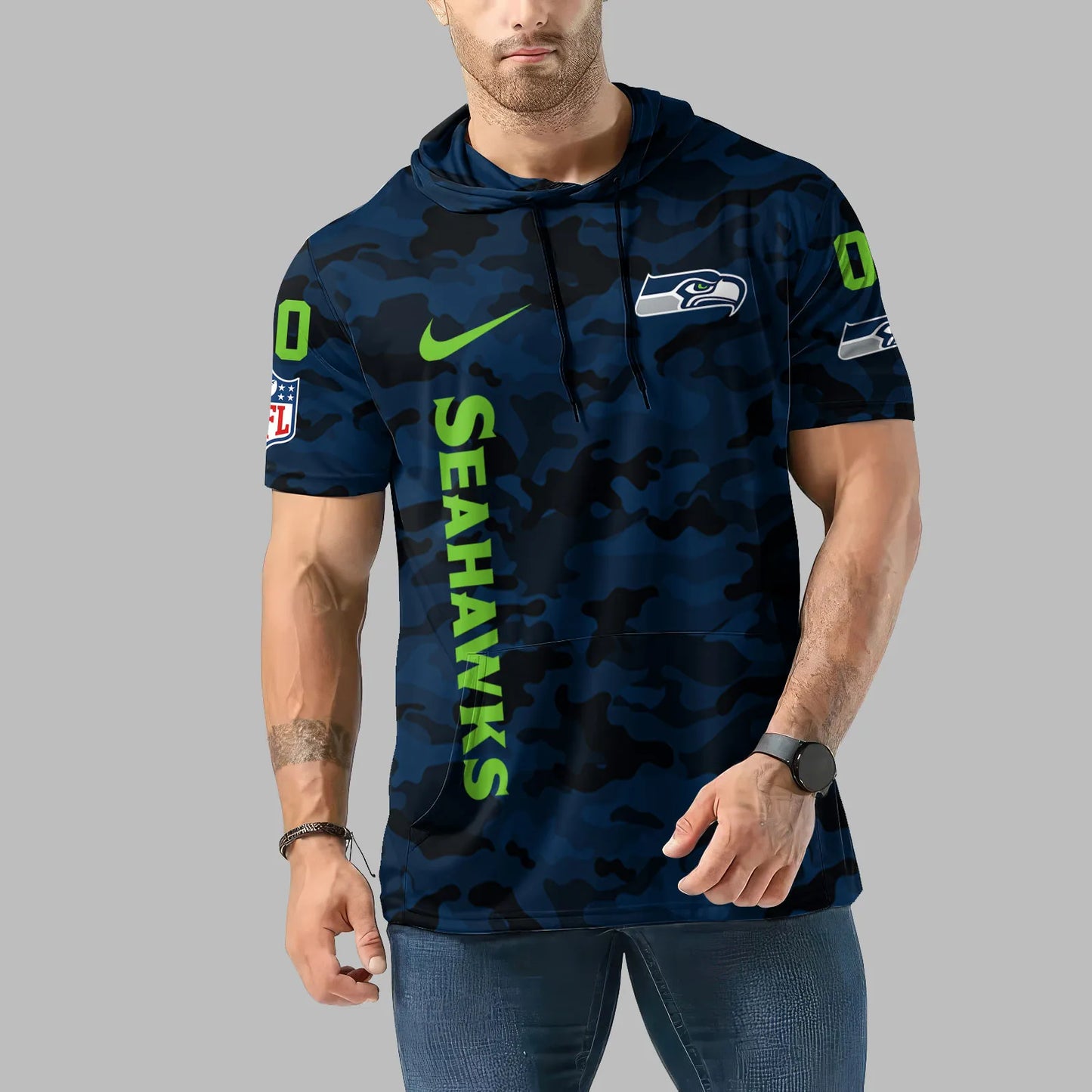 Seattle Seahawks Personalized Camo Short Sleeve Hoodie AZBTSSHD000040