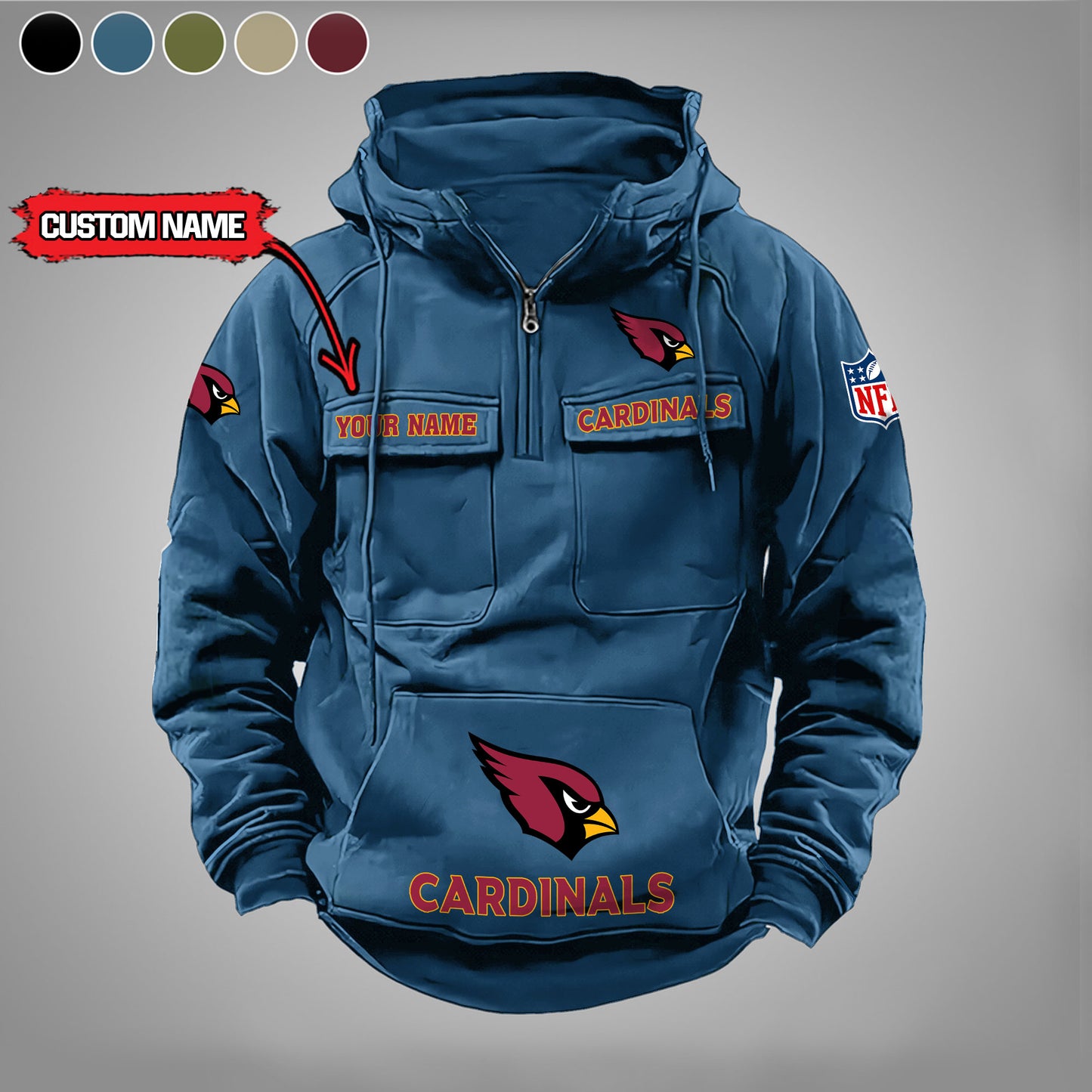 Arizona Cardinals  New Personalized Multi-Pockets Zip Hoodie AZBTMZHD000028