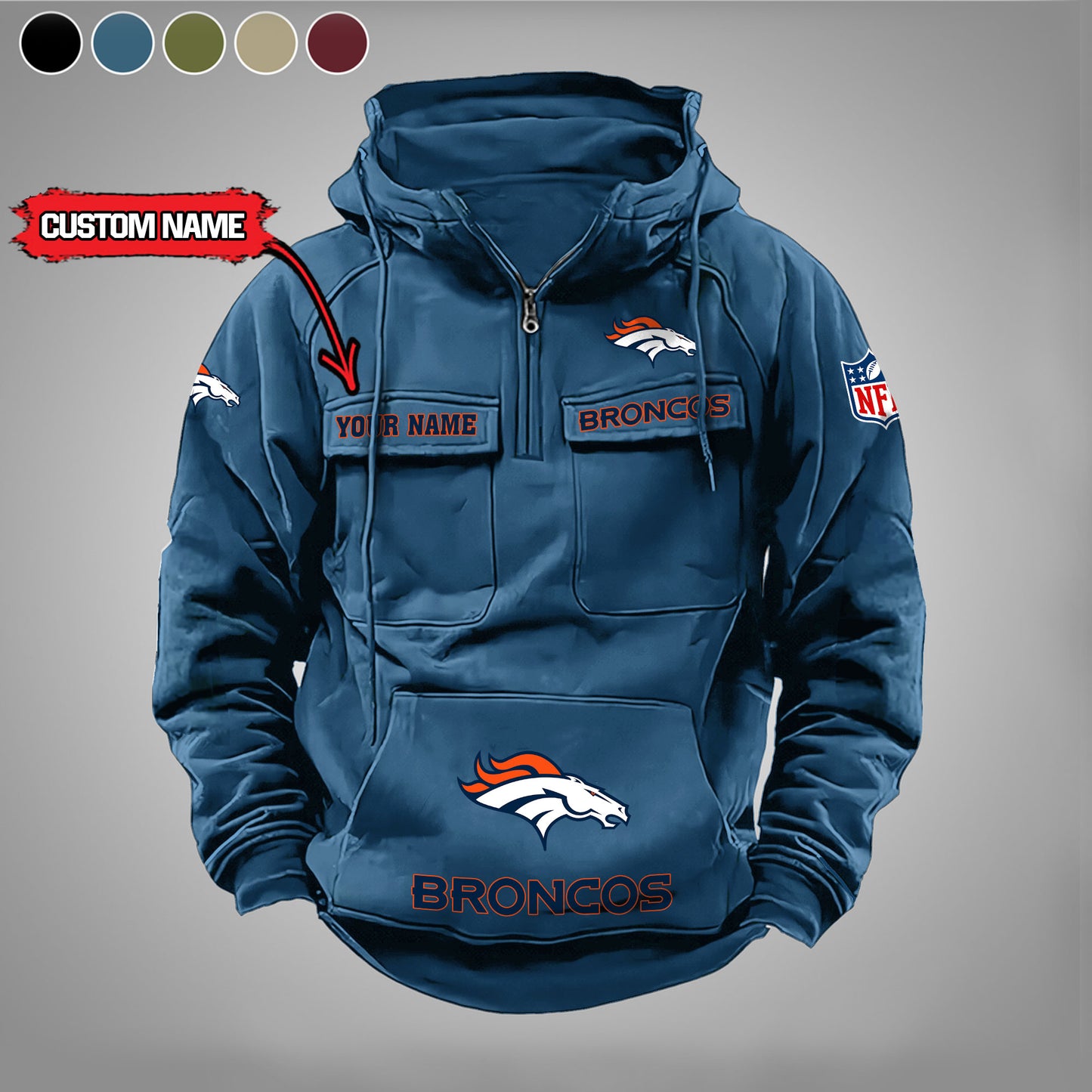 Denver Broncos  New Personalized Multi-Pockets Zip Hoodie AZBTMZHD000019