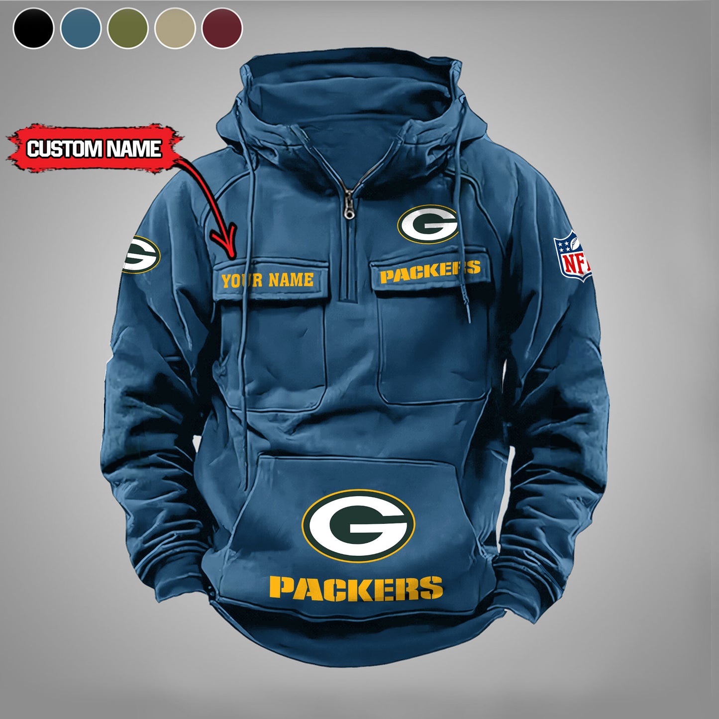 Green Bay Packers New Personalized Multi-Pockets Zip Hoodie AZBTMZHD000021